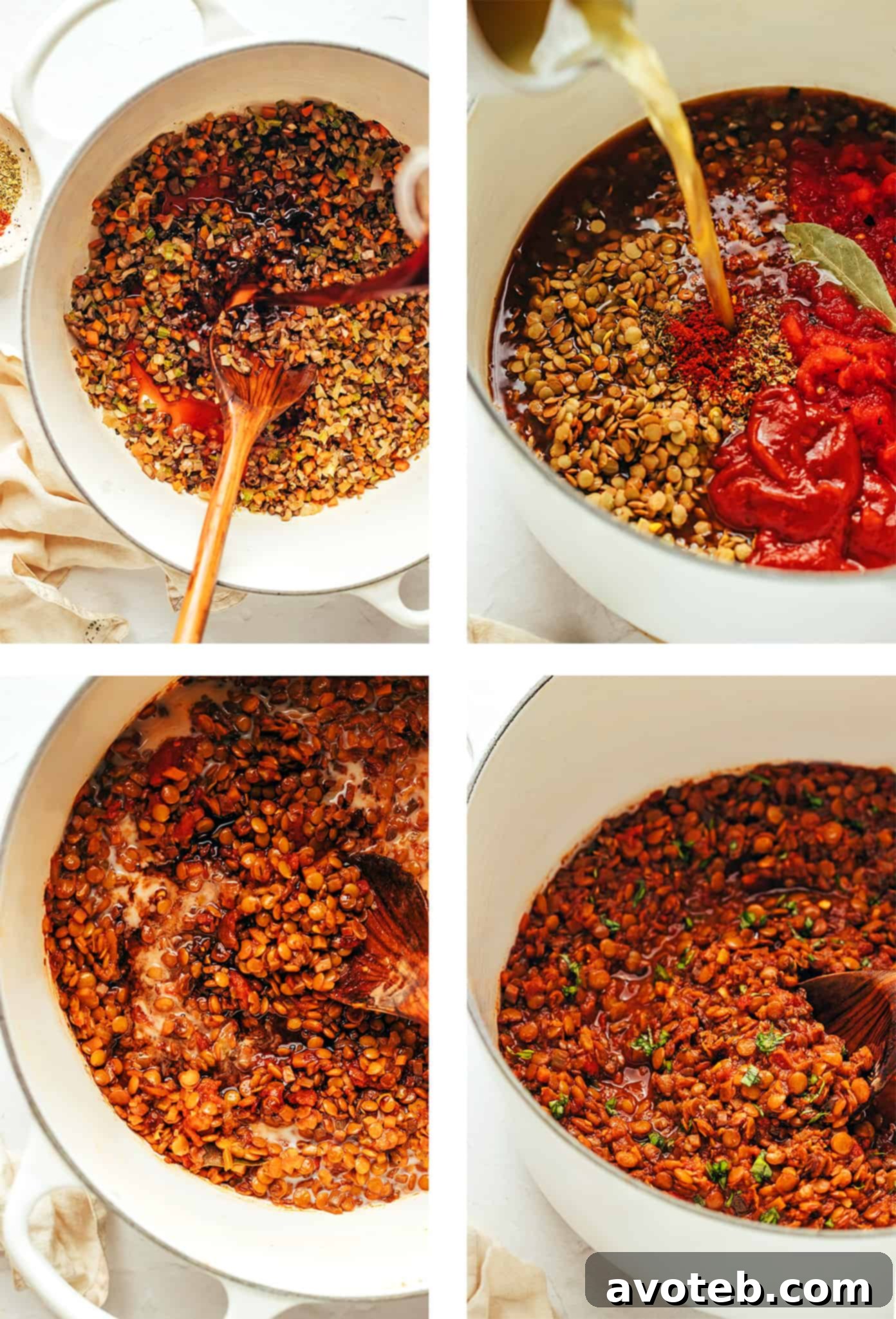 A step-by-step image of cooking hearty lentil bolognese, illustrating the simmering process of the garlicky mushroom-herb tomato sauce for a naturally gluten-free, vegetarian, and vegan meal. Chef demonstrating how to make bolognese sauce in a large pot