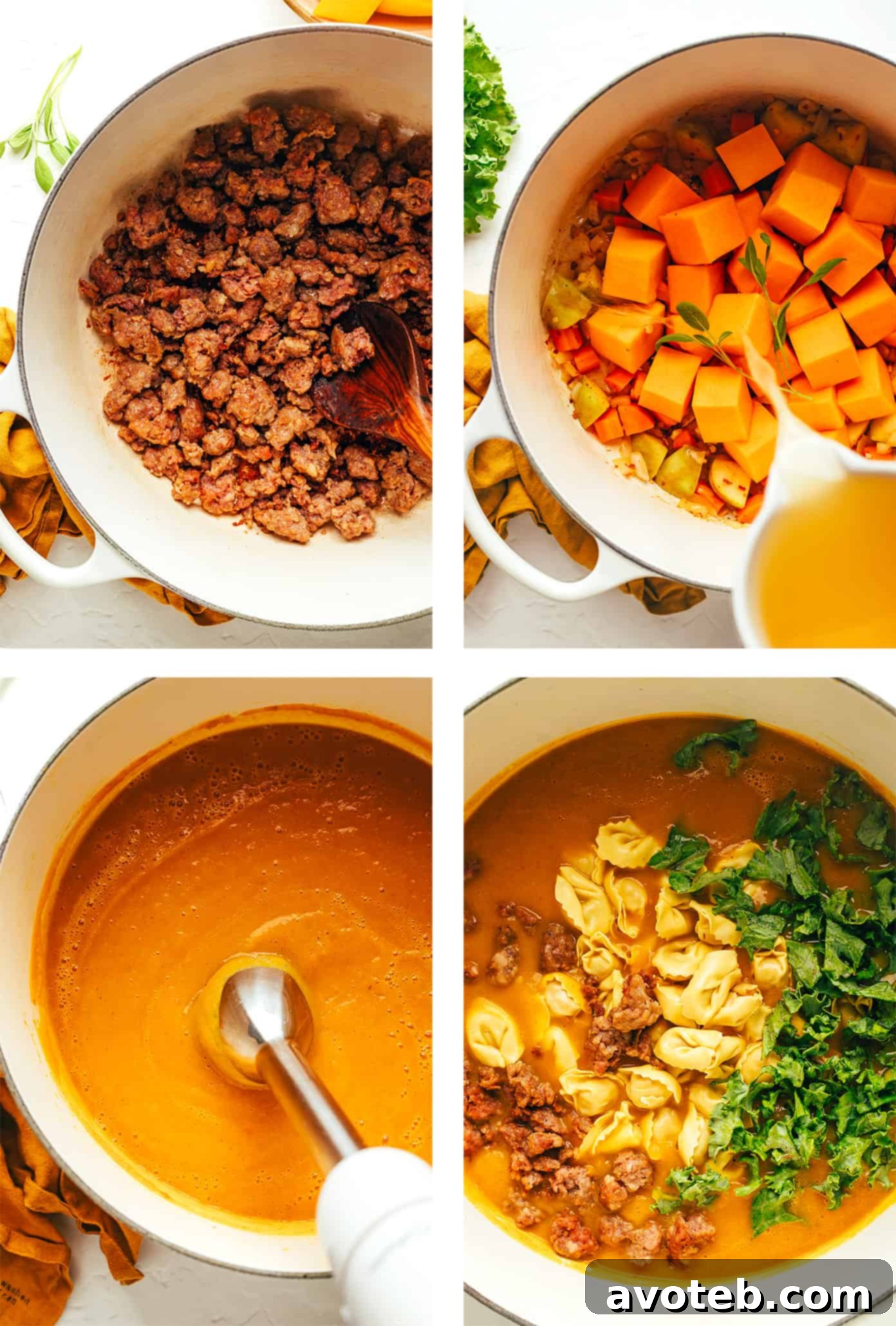 A close-up shot of the creamy butternut squash broth being puréed with an immersion blender in a large pot.
