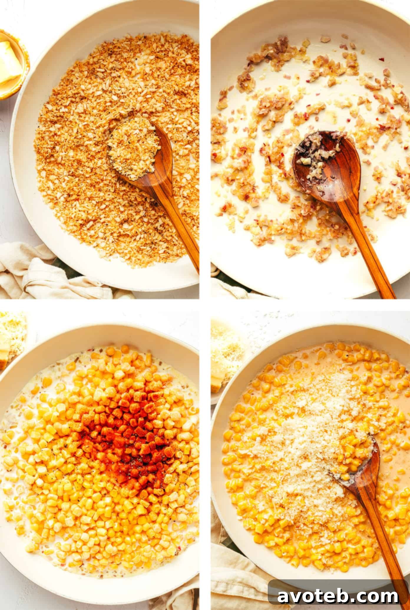 Step-by-step process of making creamy Parmesan corn, showing corn cooking in a pan with sauce.