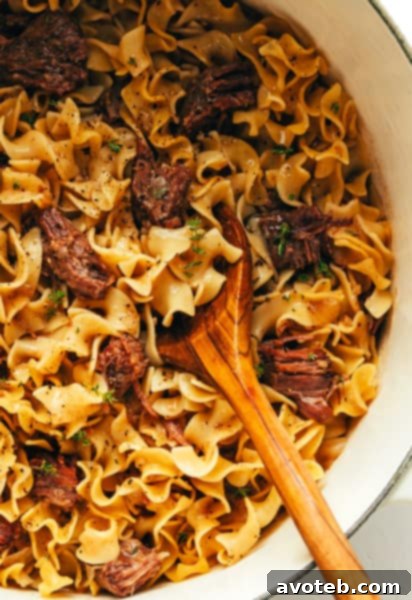 A top-down view of a serving of Grandma's Beef and Noodles, rich with gravy and tender beef.