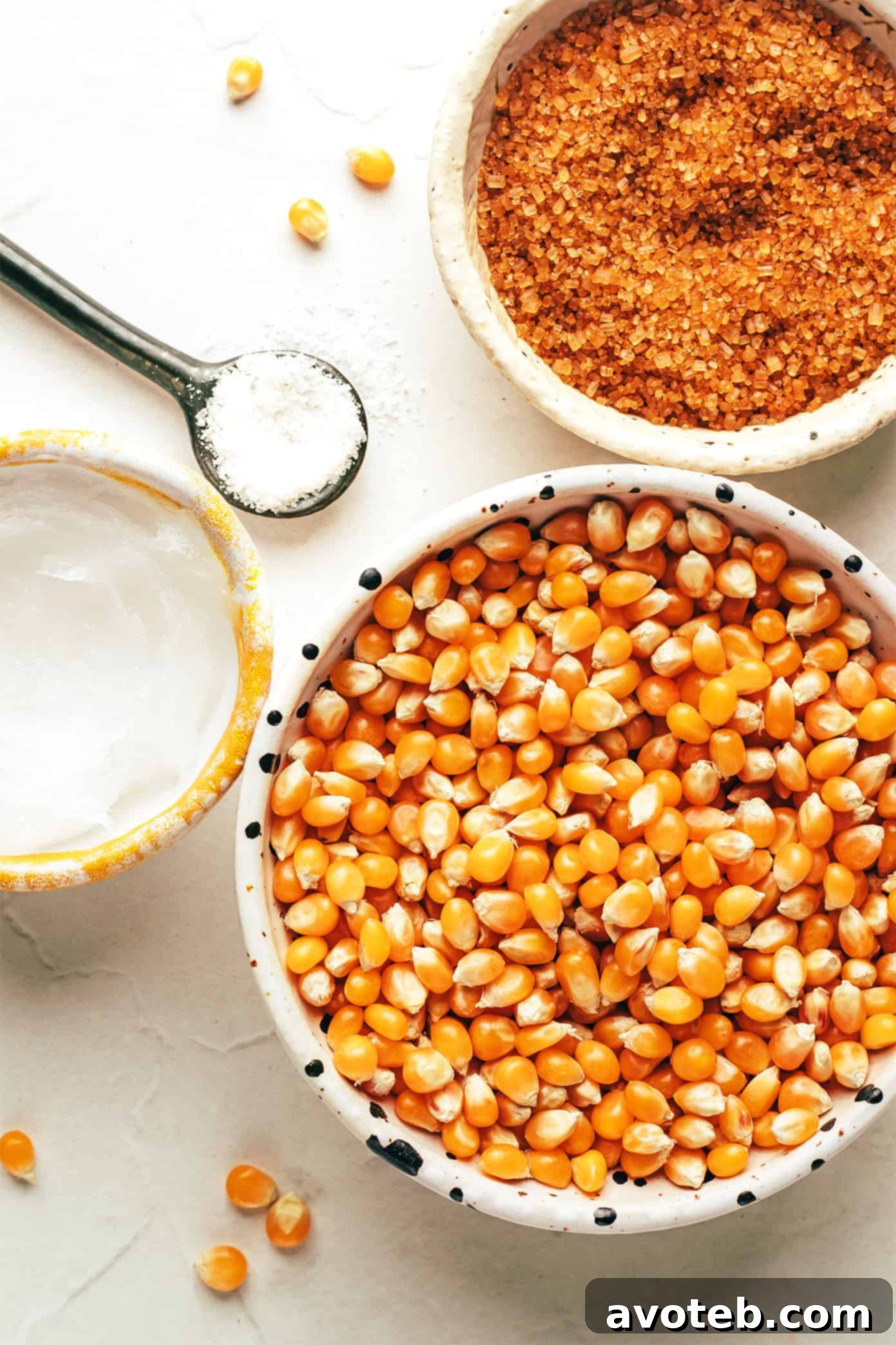 Close-up of popcorn kernels, refined coconut oil, turbinado sugar, and fine sea salt, the four essential ingredients for homemade kettle corn.