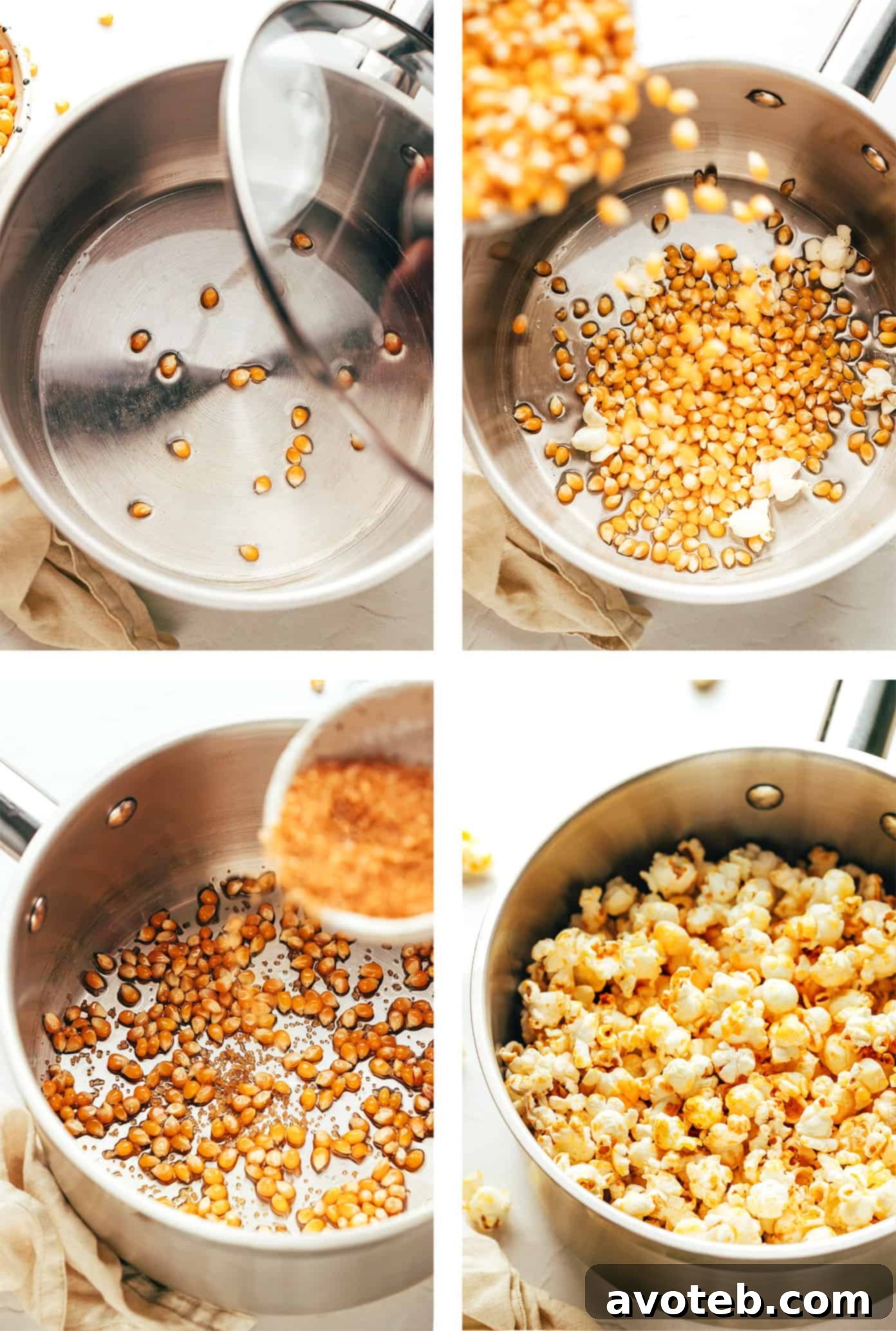 An overhead shot of a large, heavy-bottomed pot on a stovetop, with oil and a few test popcorn kernels beginning to heat.