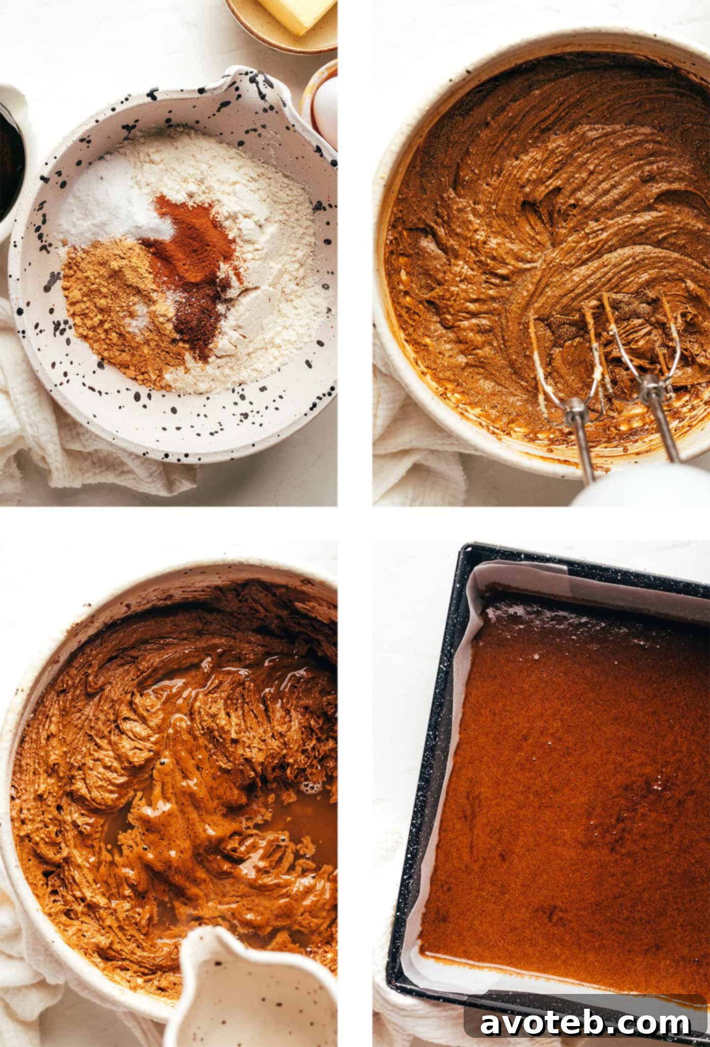 A close-up of the raw gingerbread cake batter, showing its deep brown color and smooth texture, ready for baking.