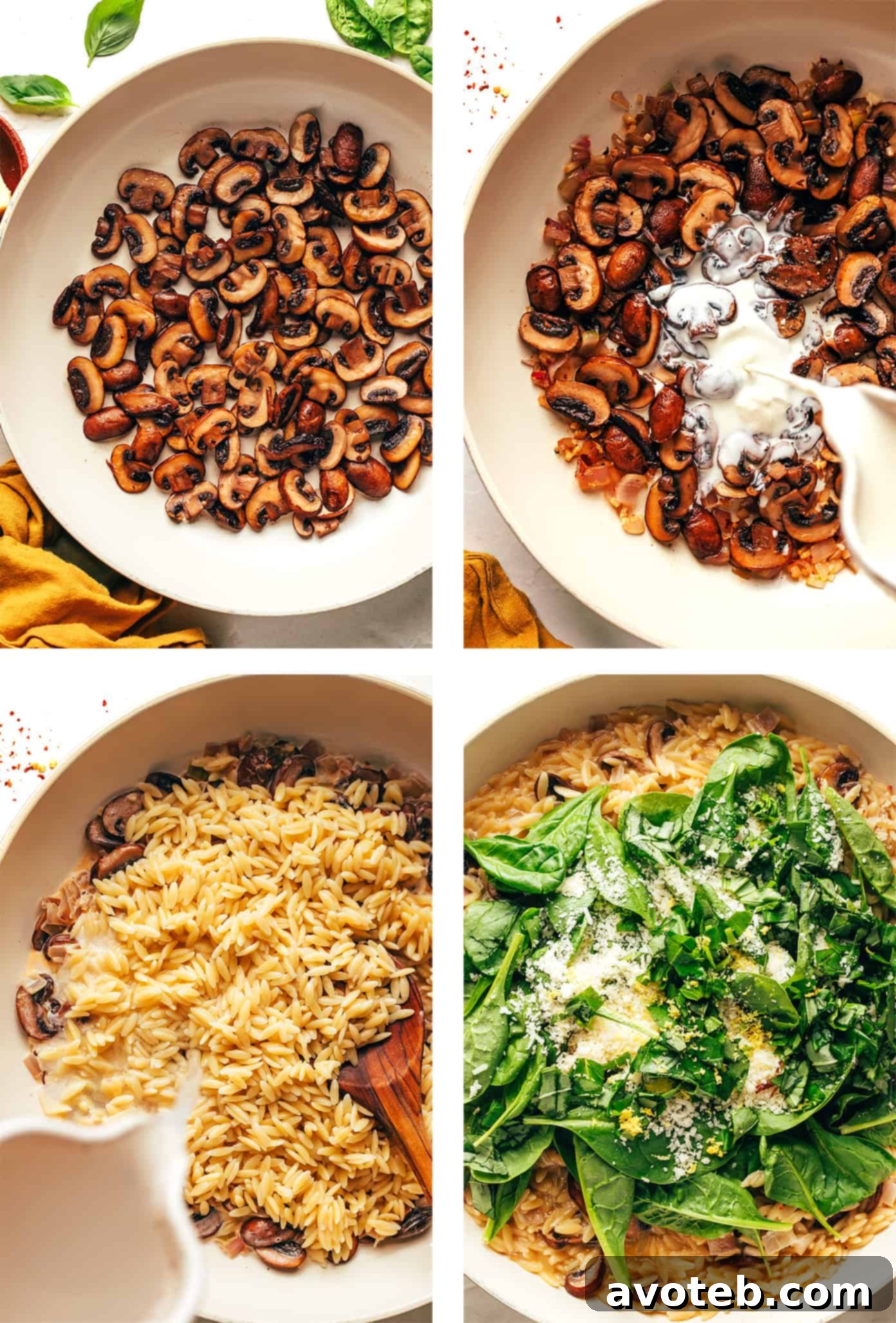 A close-up of fresh ingredients for creamy garlic mushroom orzo, including mushrooms, garlic, shallots, and spinach.