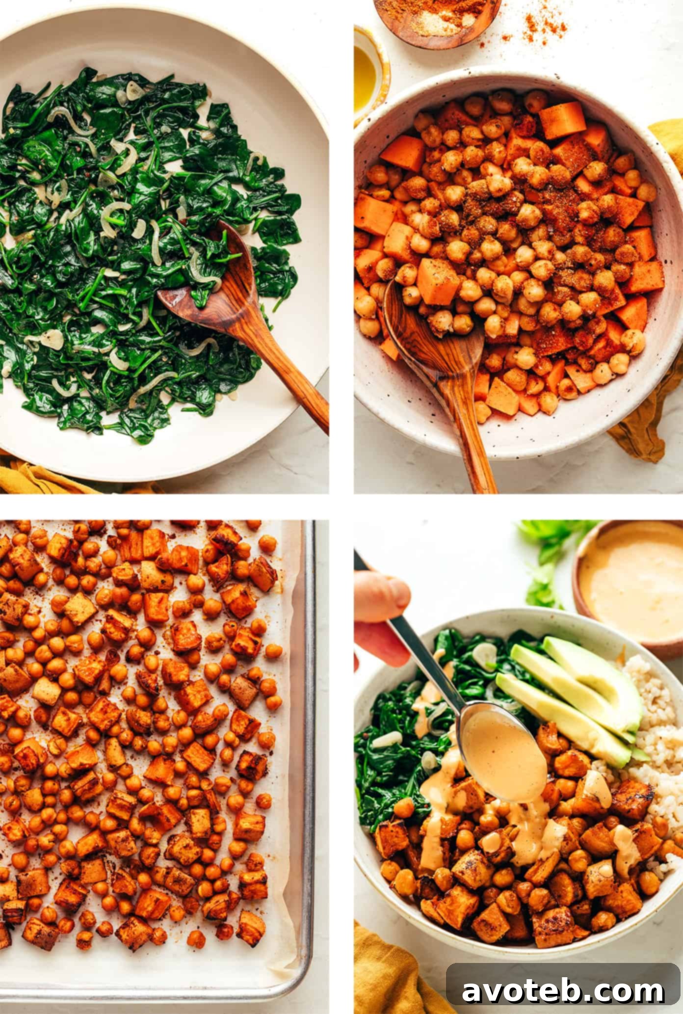 A vibrant roasted sweet potato and chickpea bowl, showcasing the colorful ingredients.