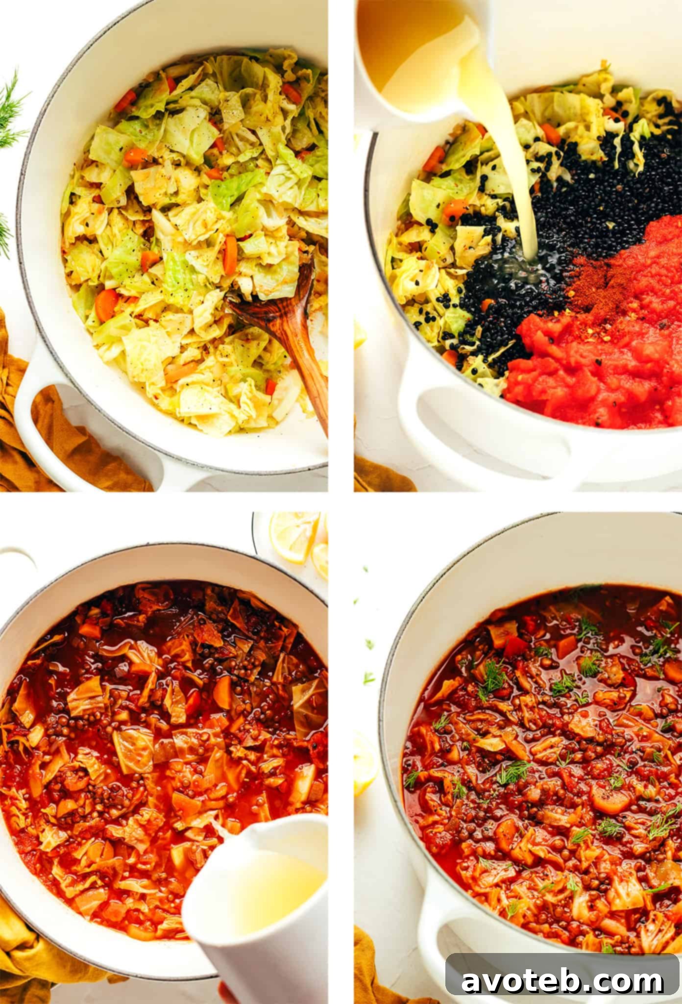 A bowl of Vegetarian Cabbage Roll Soup topped with a dollop of sour cream and fresh herbs, ready to be served.