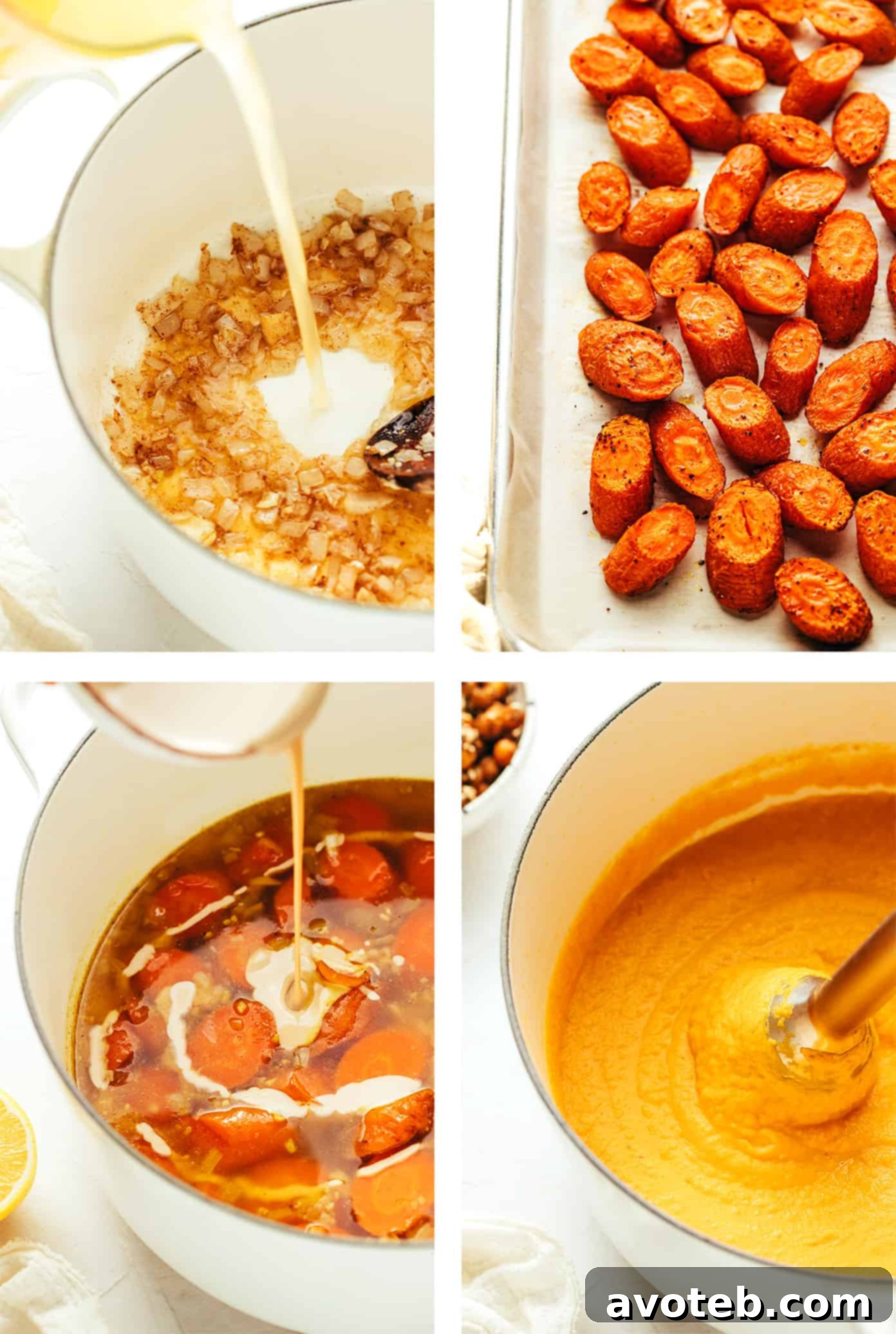 Roasted Carrot Soup served in a bowl with a spoon.