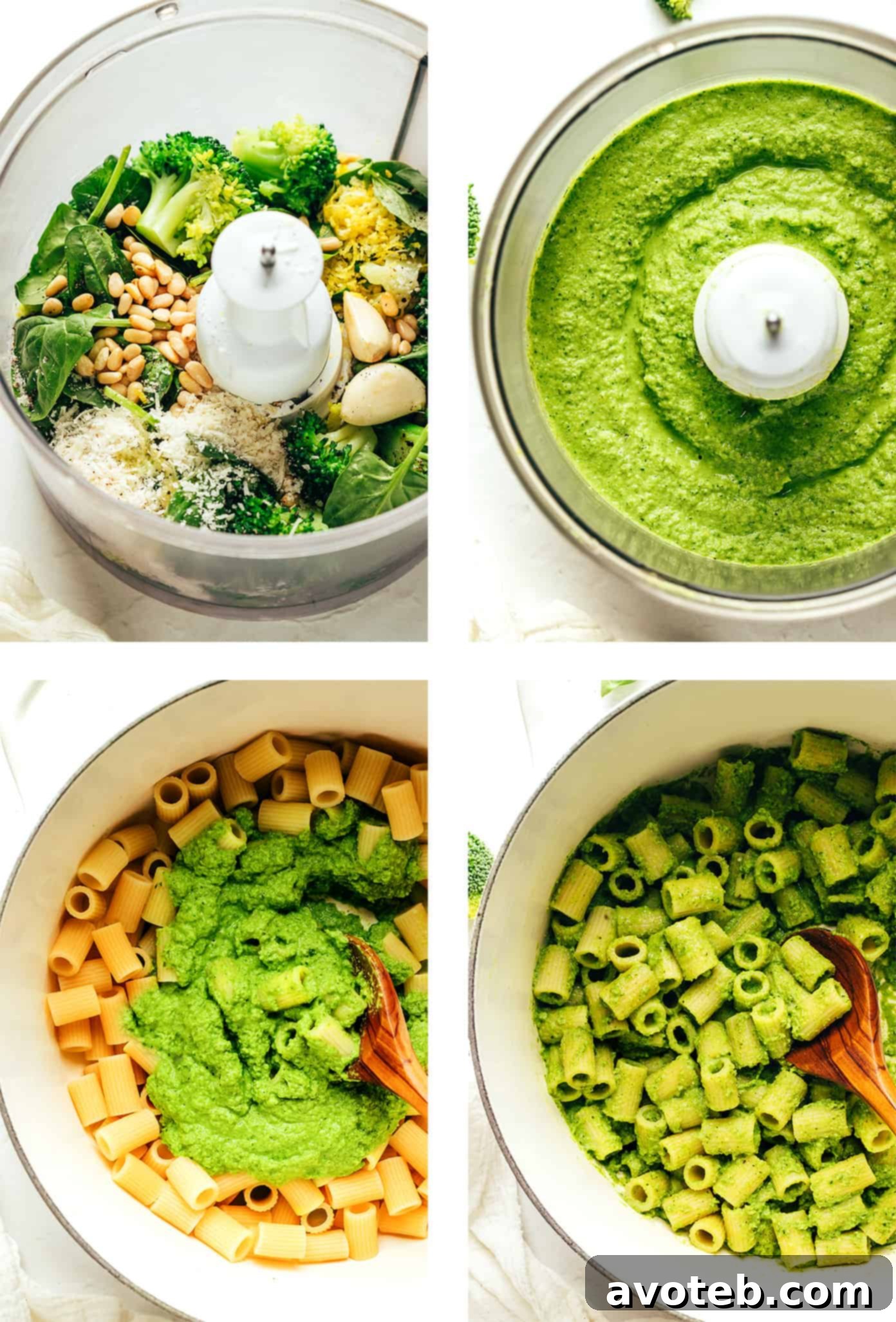 Ingredients for Lemony Broccoli Pesto Pasta laid out on a table, including broccoli, basil, lemon, and pasta.