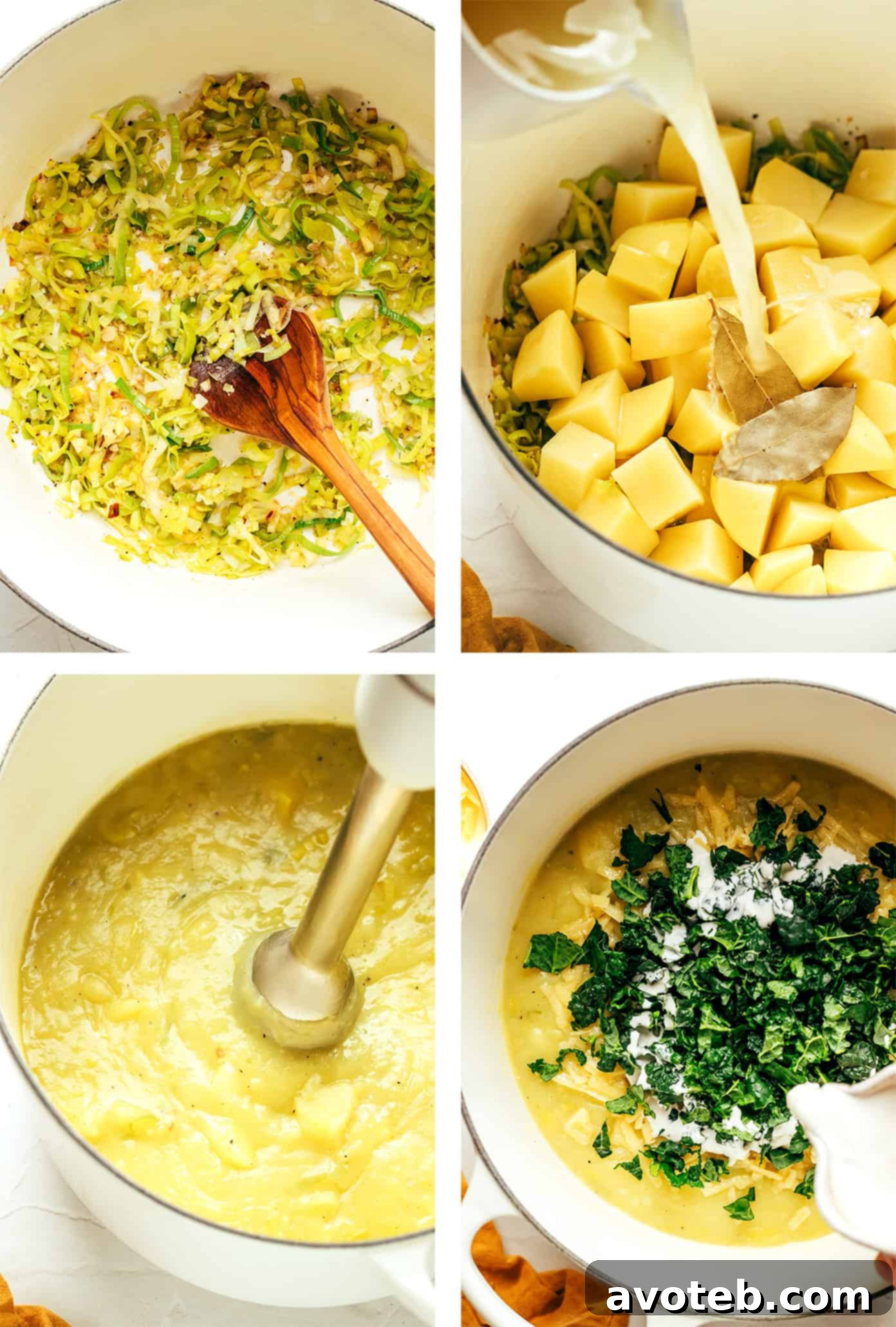 A close-up of fresh ingredients for Colcannon Soup, including leeks, potatoes, kale, and garlic, ready for preparation.