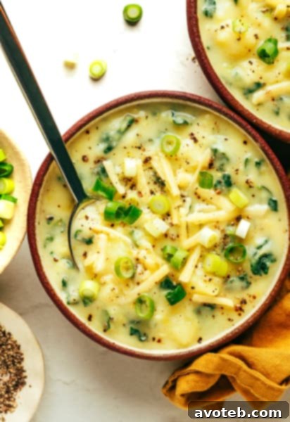 A beautifully plated bowl of Colcannon Soup, garnished with fresh green onions and a sprinkle of cheddar cheese.