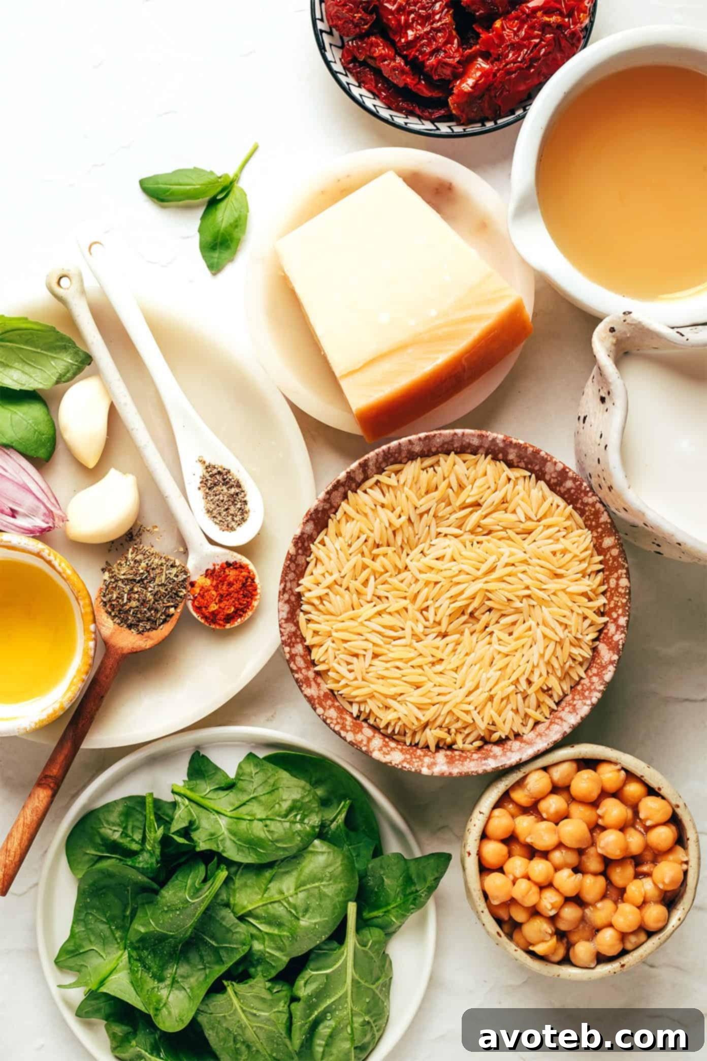 Close-up shot of creamy Marry Me Chickpeas and Orzo in a pan, highlighting the texture and richness.