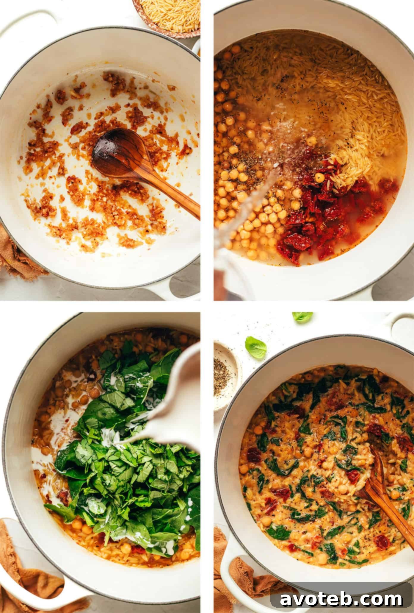 Variety of ingredients for Marry Me Chickpeas and Orzo spread out, including chickpeas, orzo, sun-dried tomatoes, spinach, and seasonings.