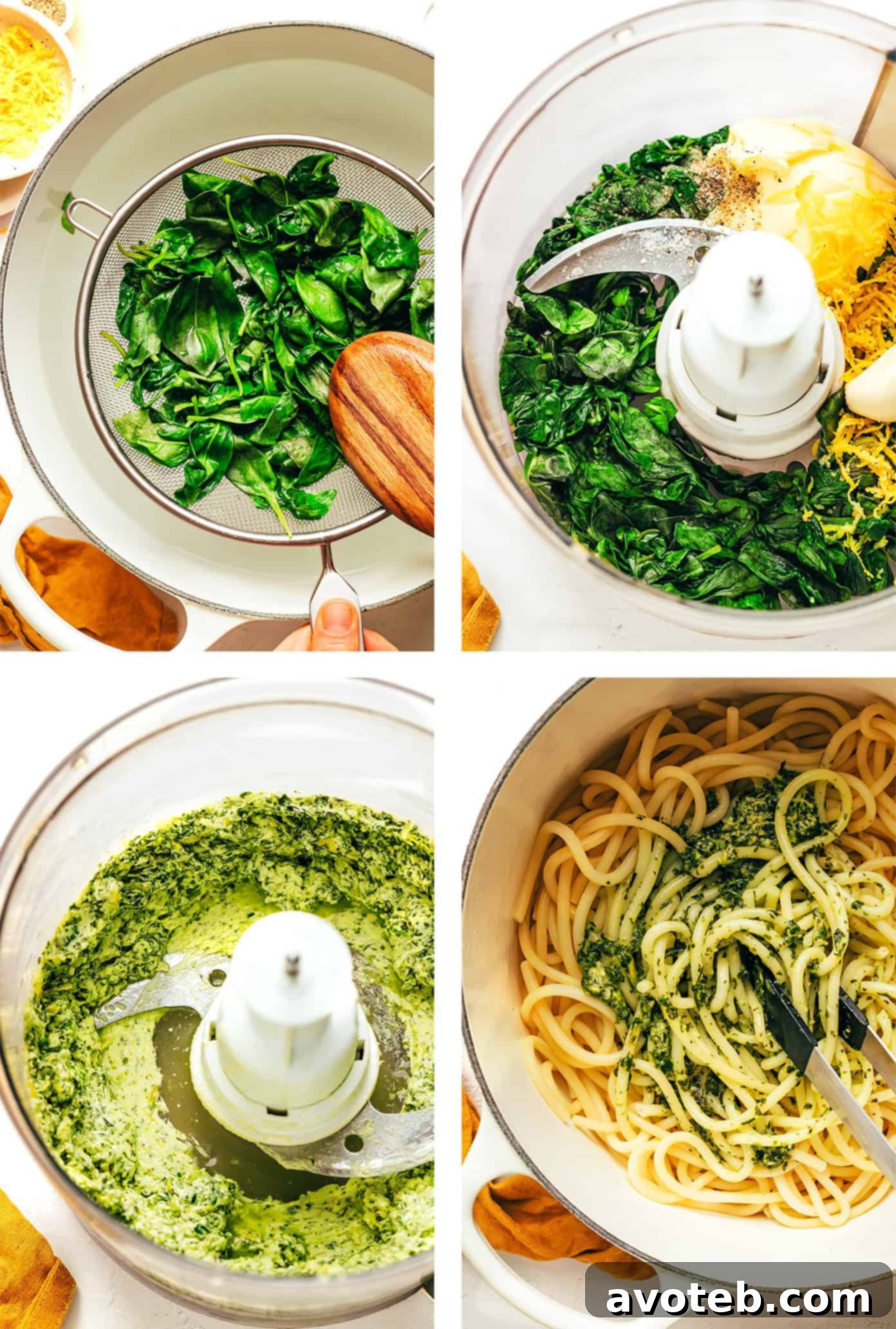 How to make basil butter pasta step by step showing blanching basil and mixing ingredients