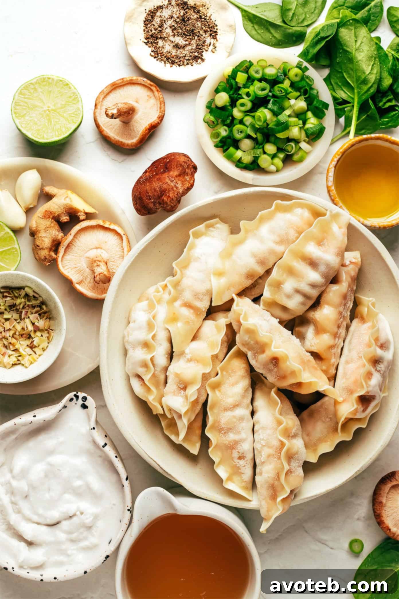 Ginger Coconut Potsticker Soup Ingredients Displayed