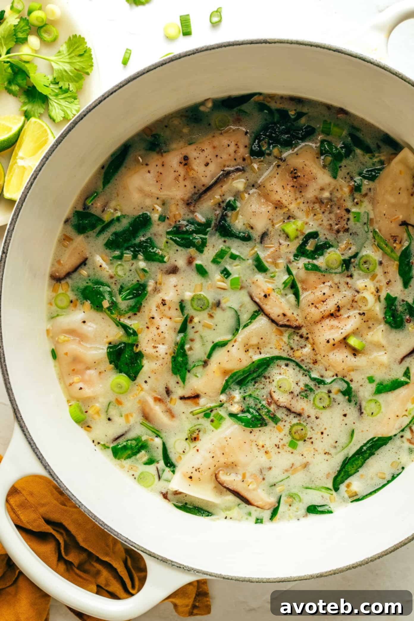 Beautifully Served Ginger Coconut Potsticker Soup