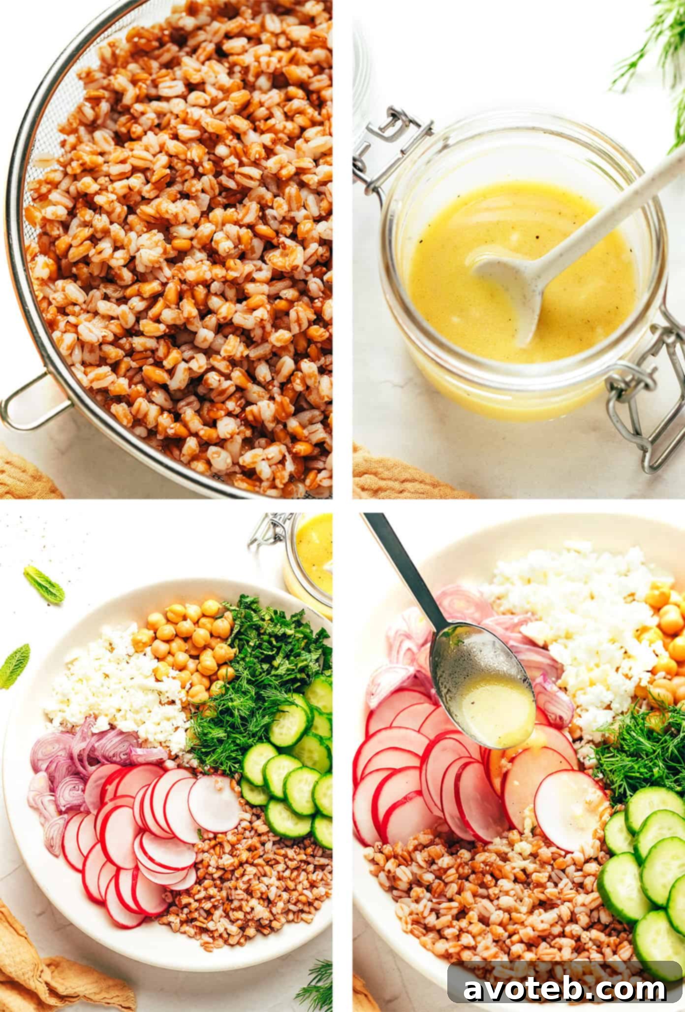 Vibrant Spring Farro Salad 4 A vibrant Spring Farro Salad being tossed in a large white bowl with a wooden spoon and fork, showcasing the freshness of the ingredients and the lemon vinaigrette.