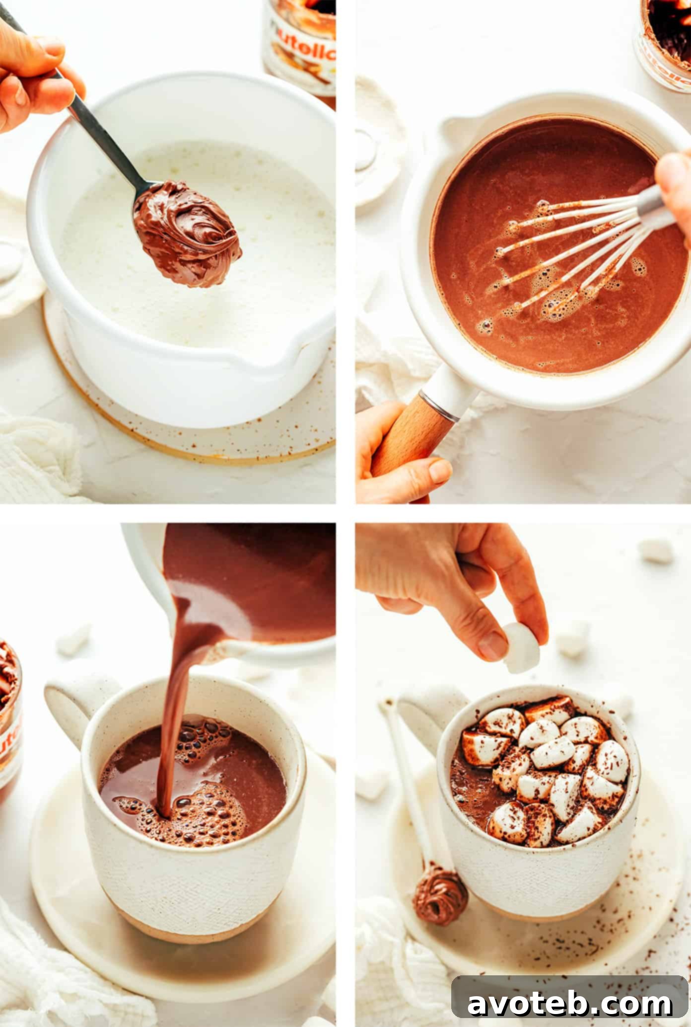 A close-up of Nutella hot chocolate being whisked in a saucepan.