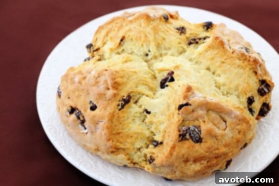 A close-up of a rustic loaf of Irish Soda Bread, showcasing its textured crust and the traditional 'X' cut.