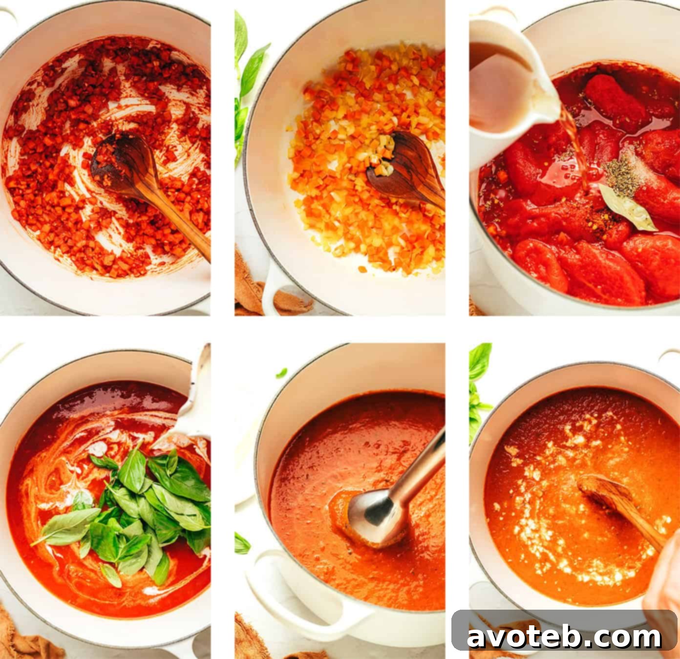 A bowl of tomato feta soup garnished with fresh basil leaves, beside a slice of crusty bread, creating an inviting scene.