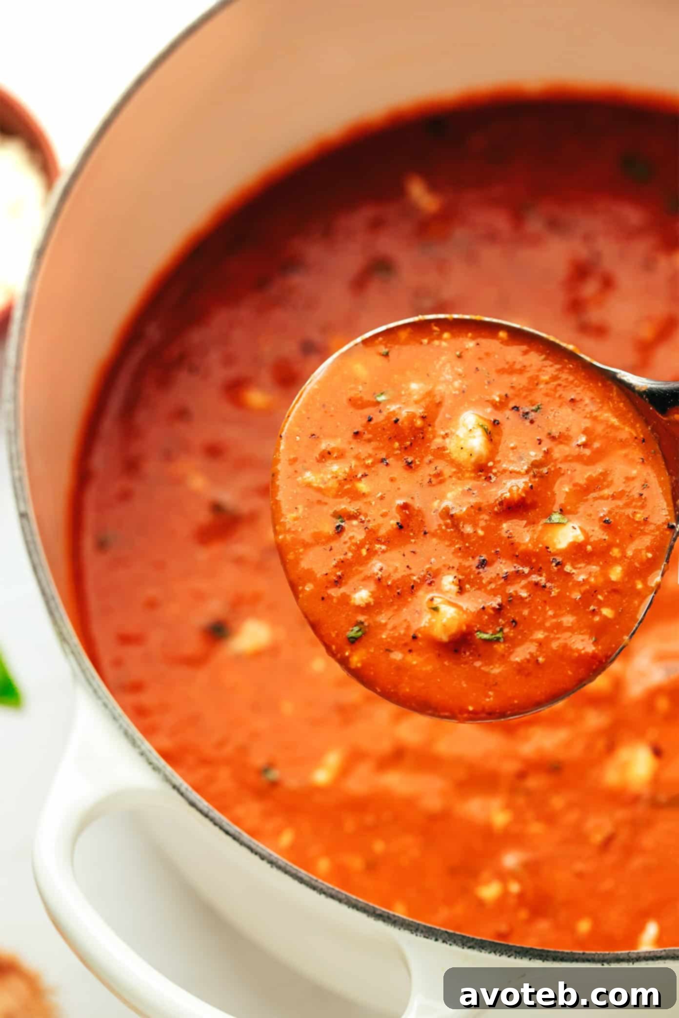 Another appealing shot of tomato feta soup in a rustic bowl, showcasing its creamy texture and fresh toppings.