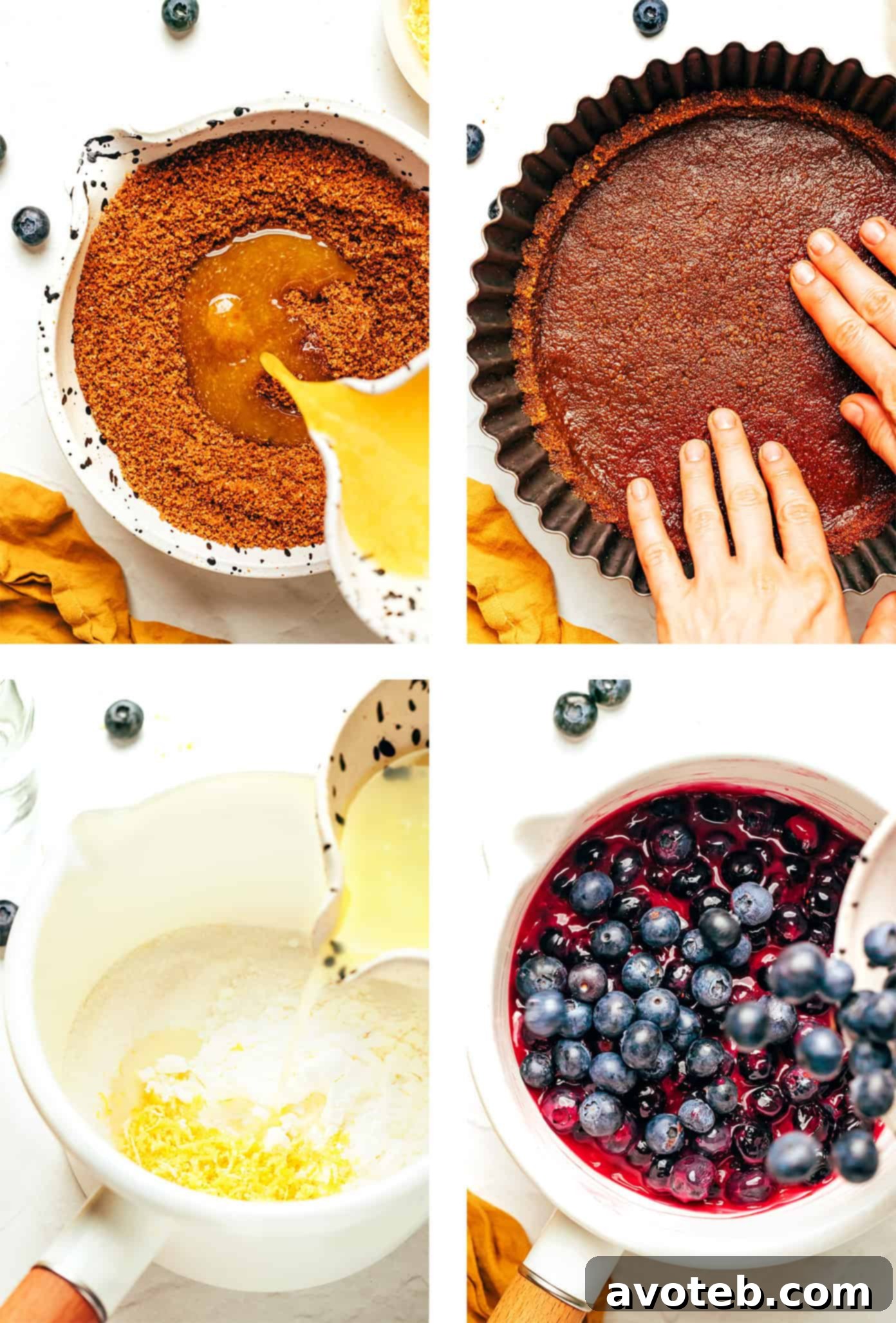 A side-by-side comparison of the no-bake blueberry tart before and after chilling, showing the firm, set filling.