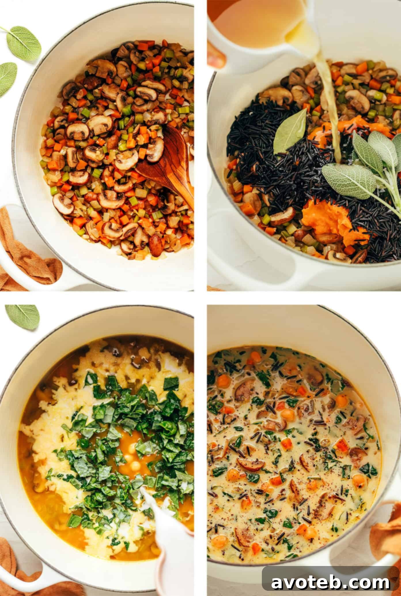 Close-up of pumpkin wild rice soup ingredients