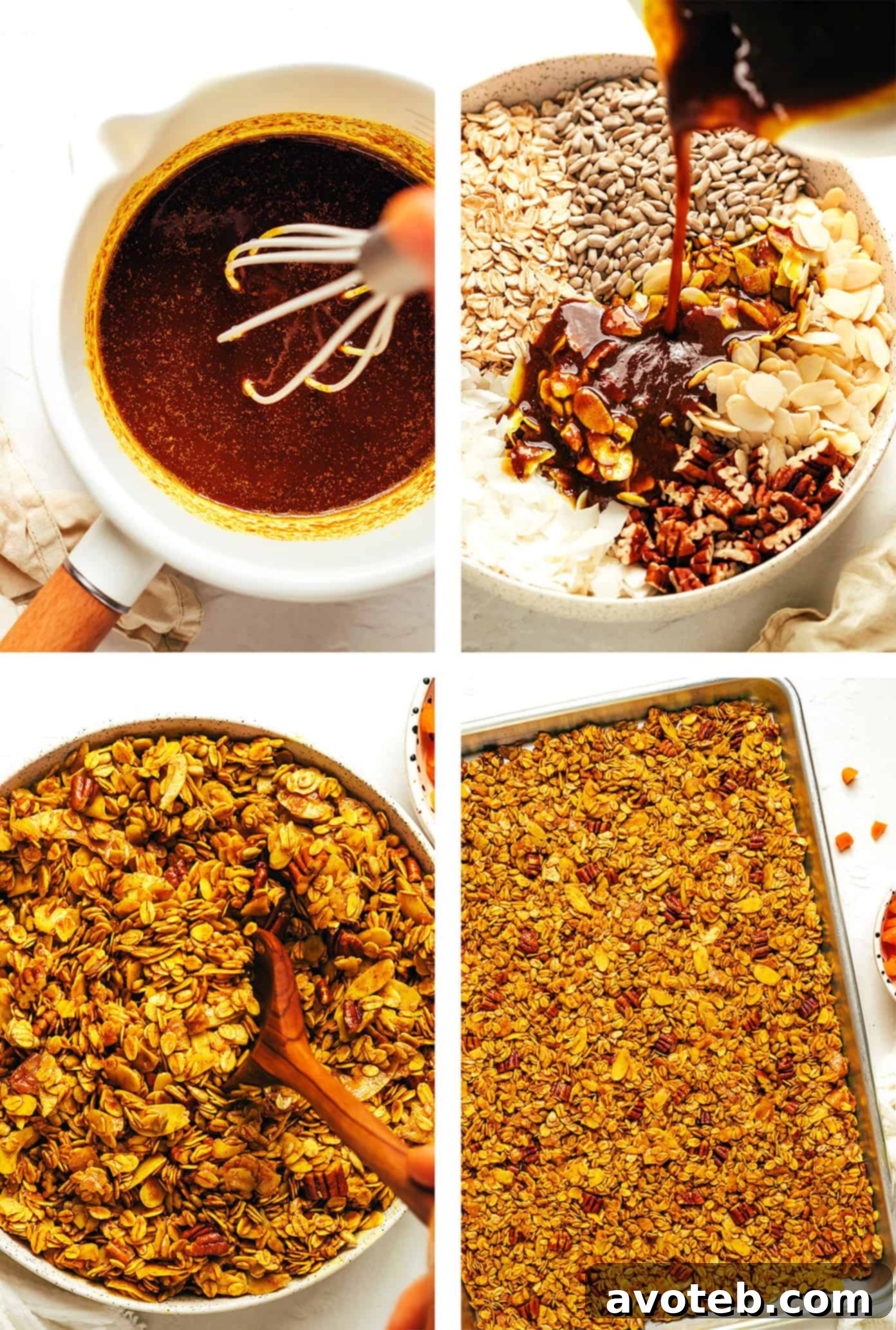 Closeup of Golden Granola in a bowl, showing the crunchy texture and spices