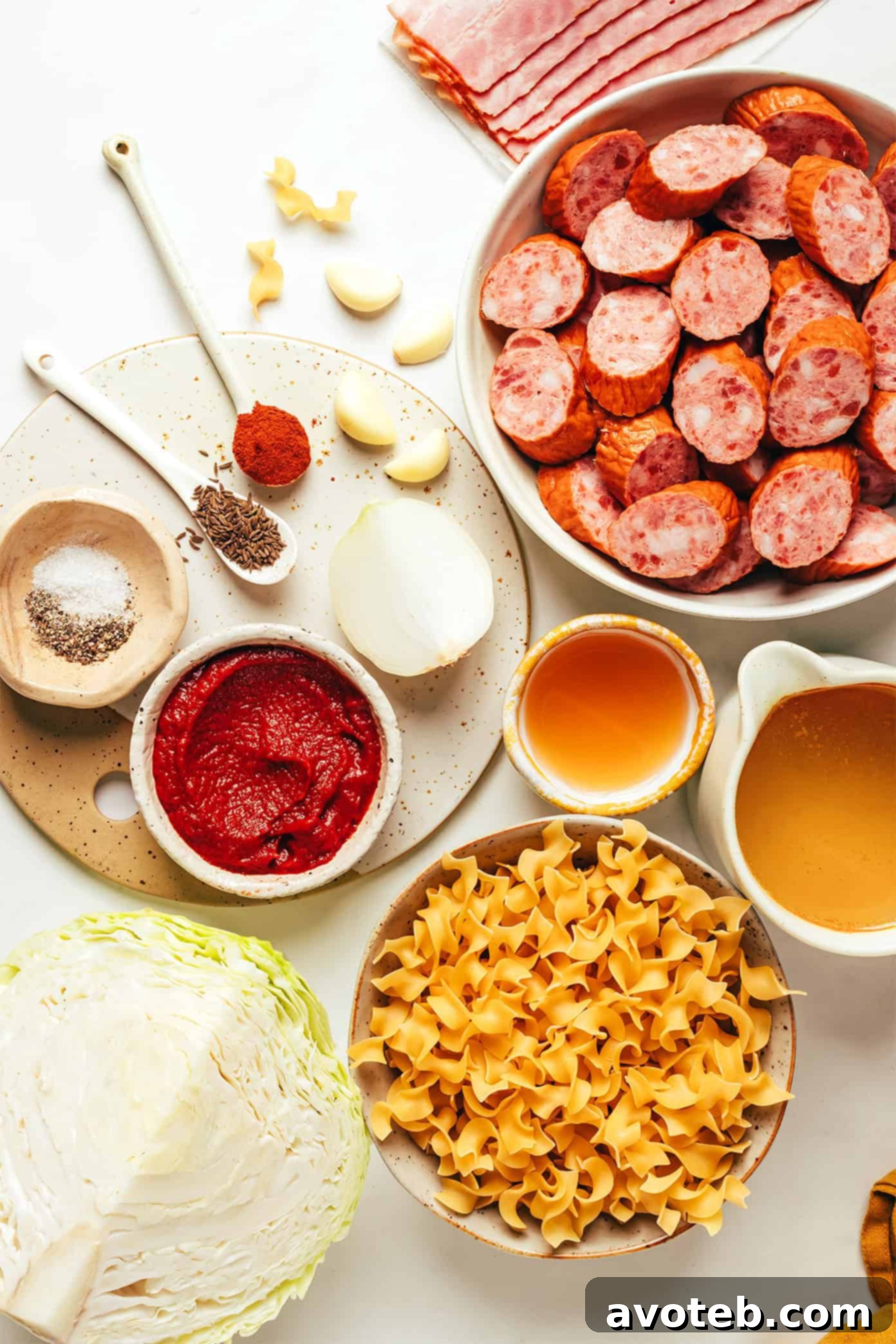 A shot from above showing the kielbasa and cabbage noodles being tossed in a large pan, highlighting the rich colors of the sauce and ingredients.