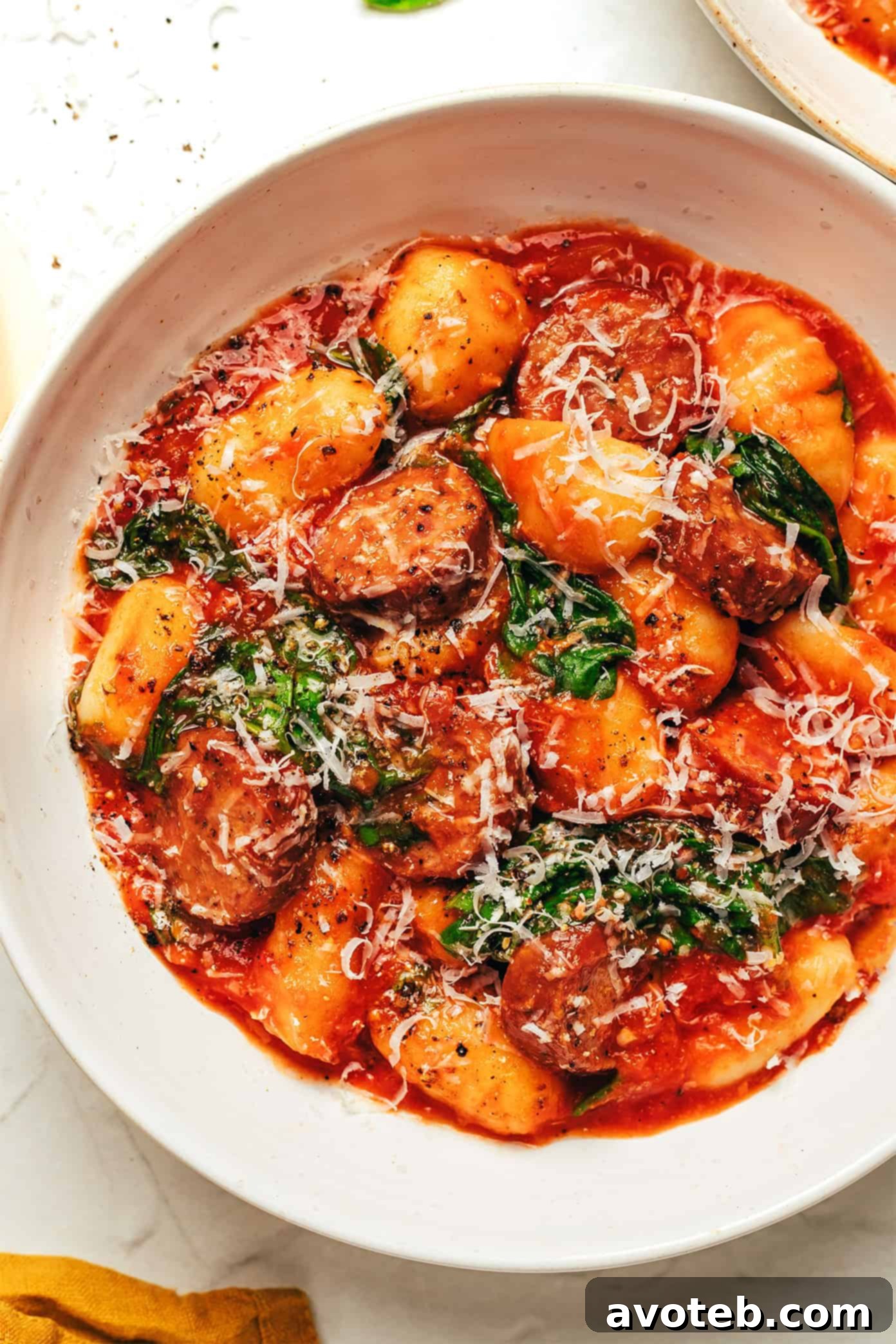 Sausage and Gnocchi Marinara dish in a pan, garnished with fresh basil.