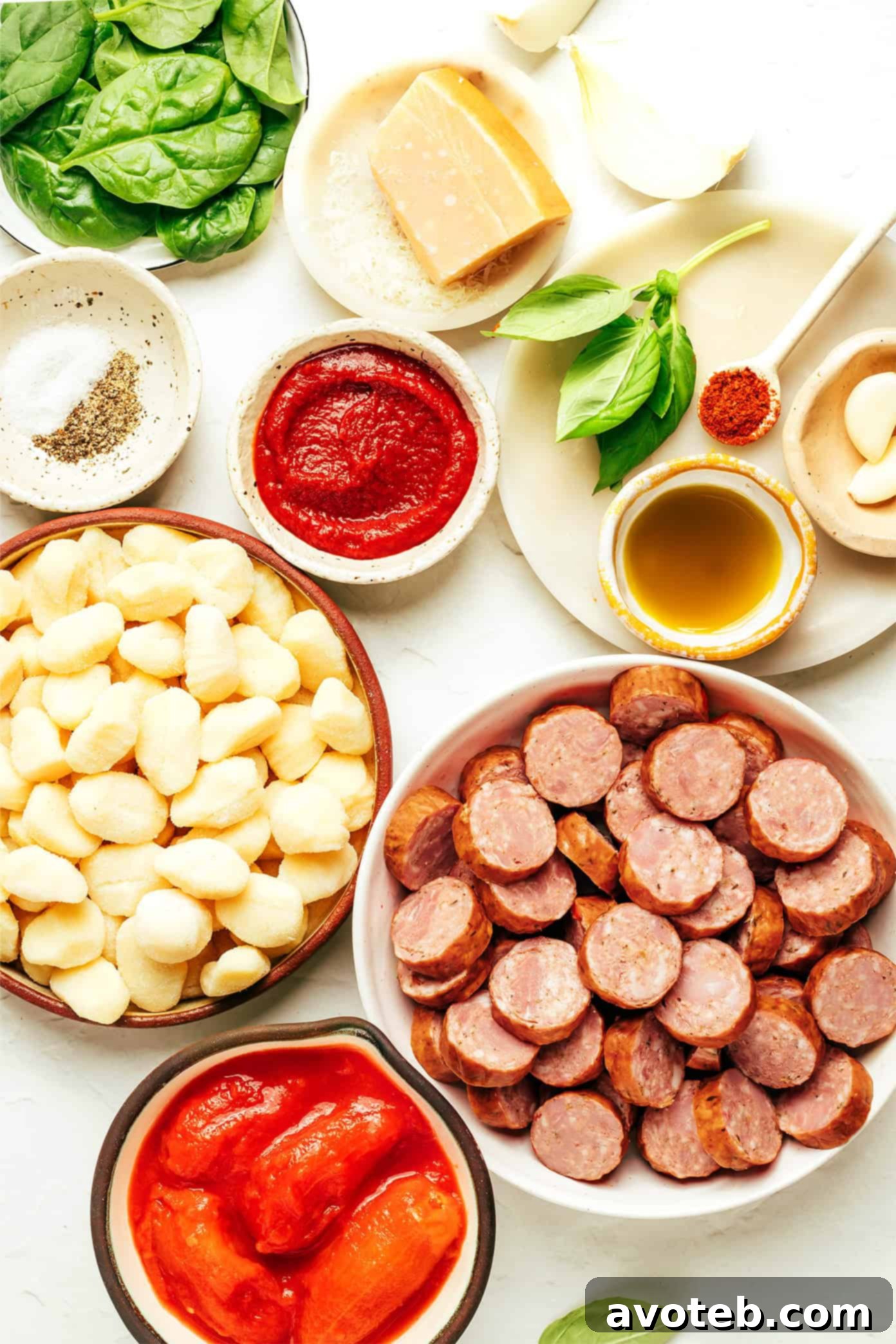 Close-up of cooked sausage and gnocchi in marinara sauce in a skillet.