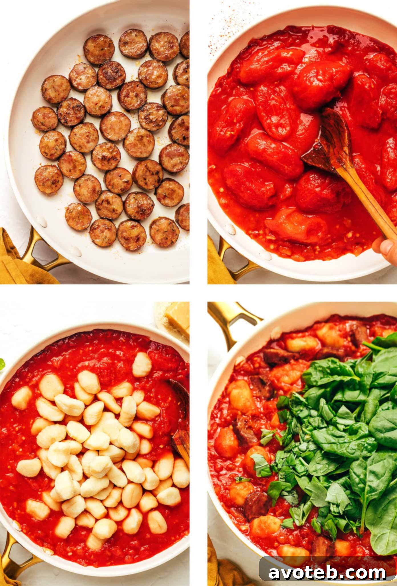 A bowl of Sausage and Gnocchi Marinara, garnished with fresh basil and Parmesan.