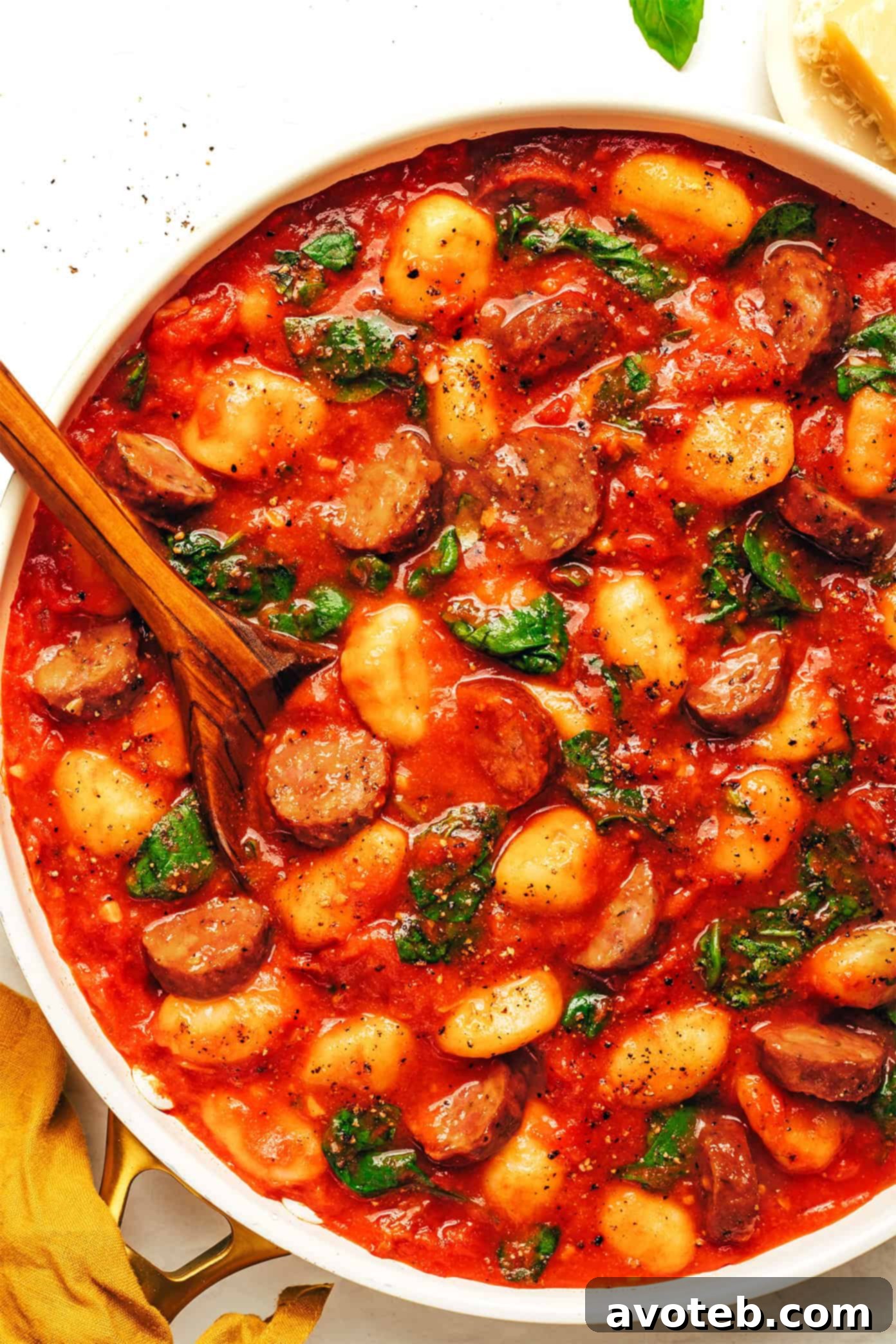 A large skillet filled with Sausage and Gnocchi Marinara, ready to be served.