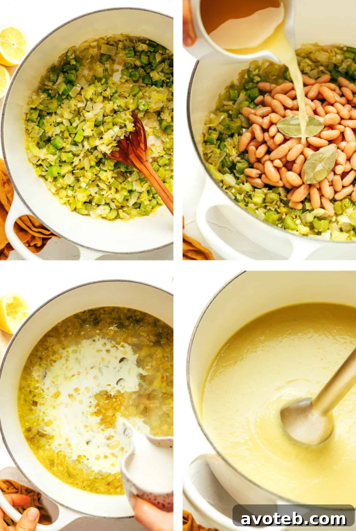 A flat lay photograph showcasing all the fresh ingredients required for the creamy celery soup recipe.