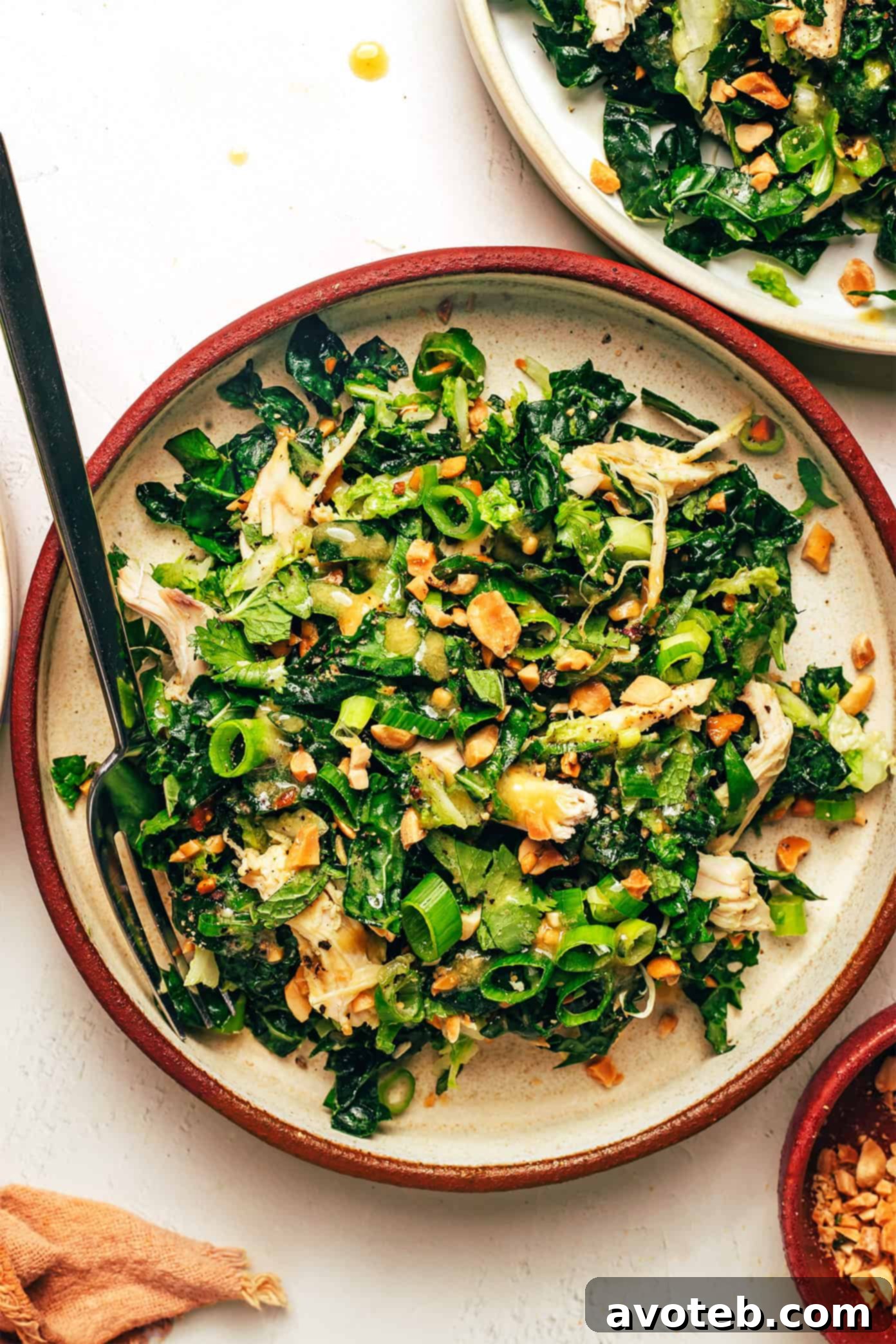 Overhead shot of the full Kale Peanut Chicken Salad on a serving platter