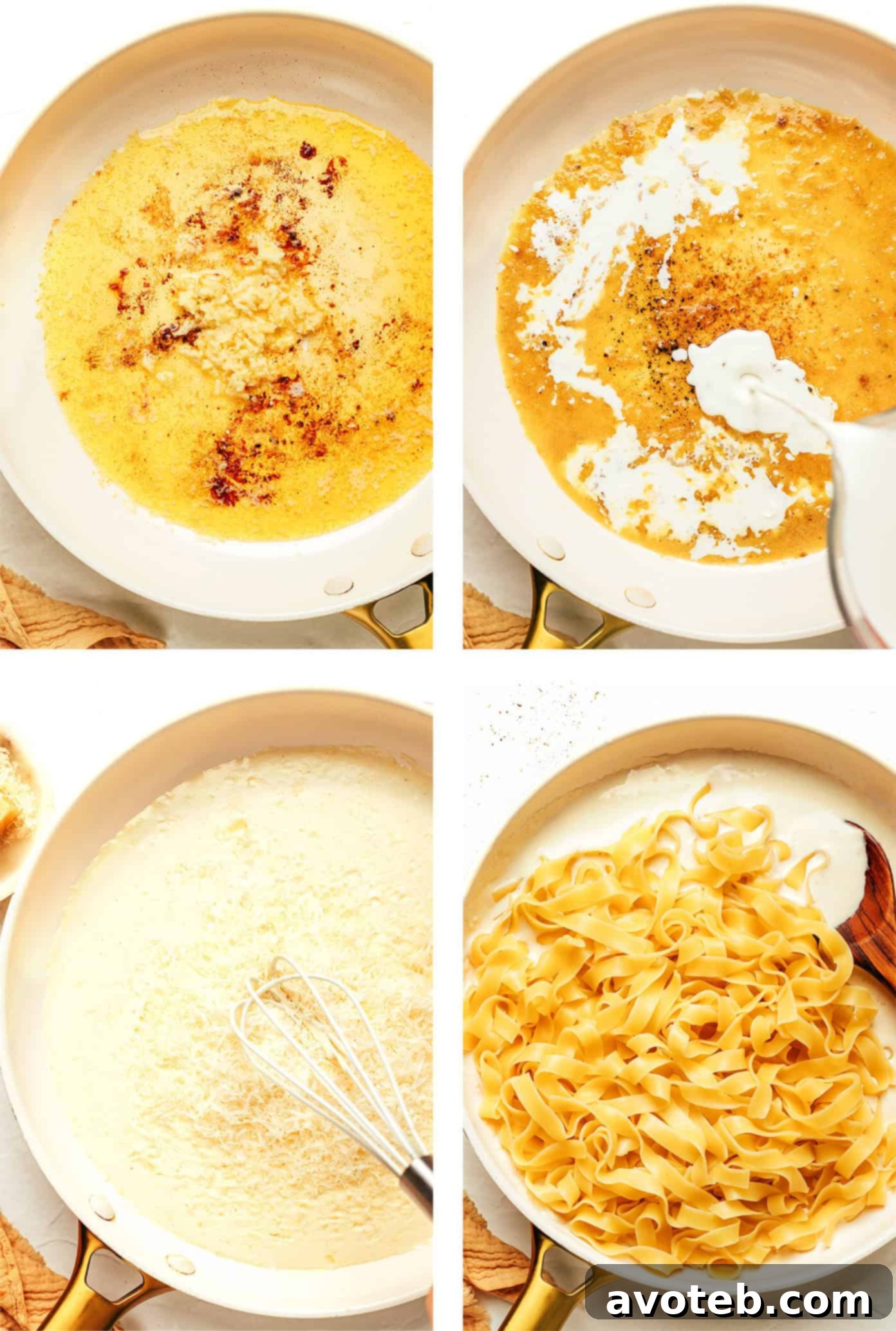 Ingredients laid out for making Fettuccine Alfredo, including pasta, butter, garlic, half and half, and Parmesan cheese.