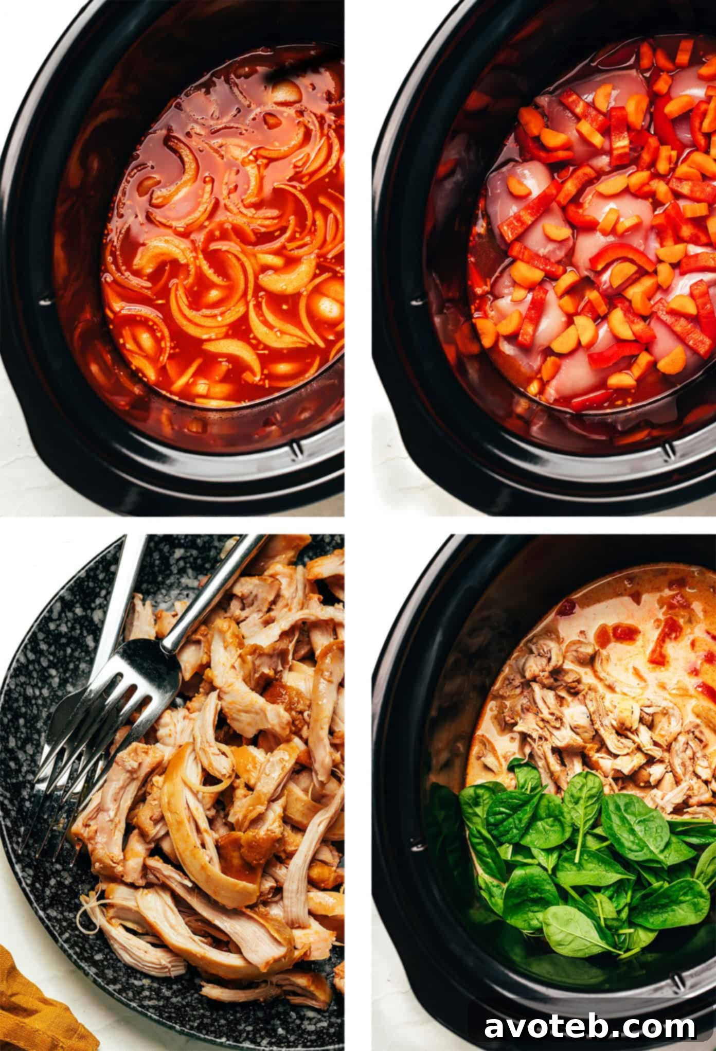 Cooked Slow Cooker Chicken Satay shredded and mixed with sauce