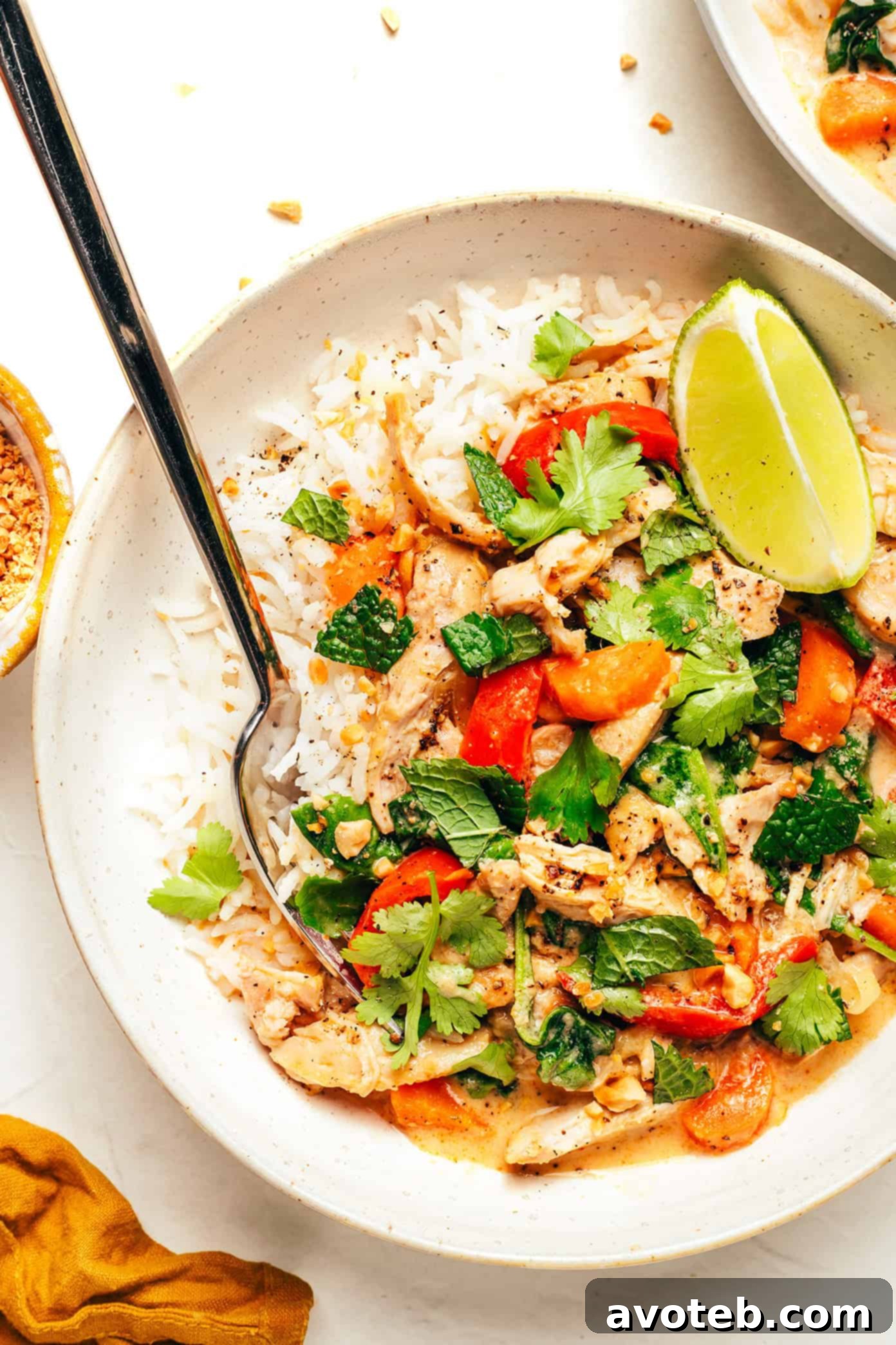 Final plated Slow Cooker Chicken Satay with toppings
