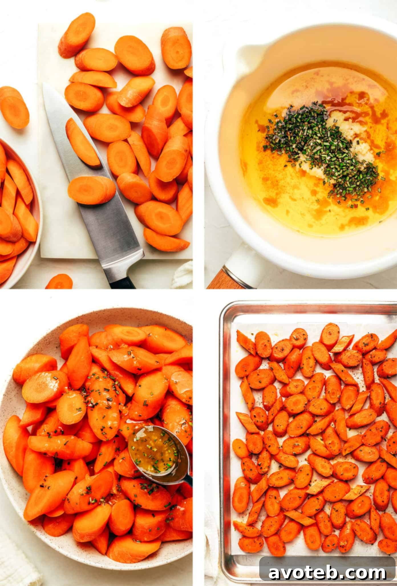 A bowl of fresh ingredients for the roasted carrots recipe: butter, honey, garlic, and rosemary.