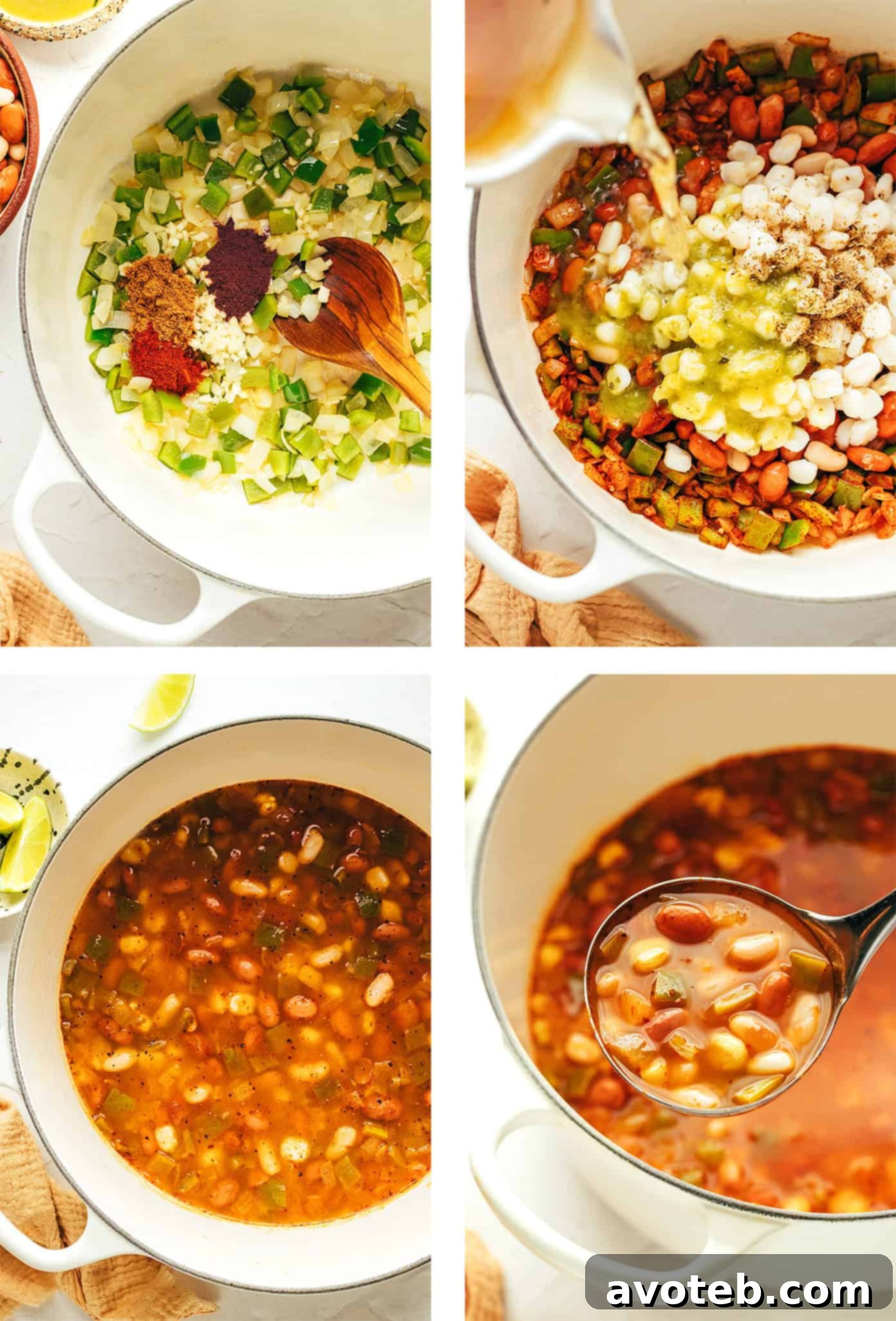 A close-up of a bowl of vegetarian pozole with a spoon, highlighting the texture and color of the soup.