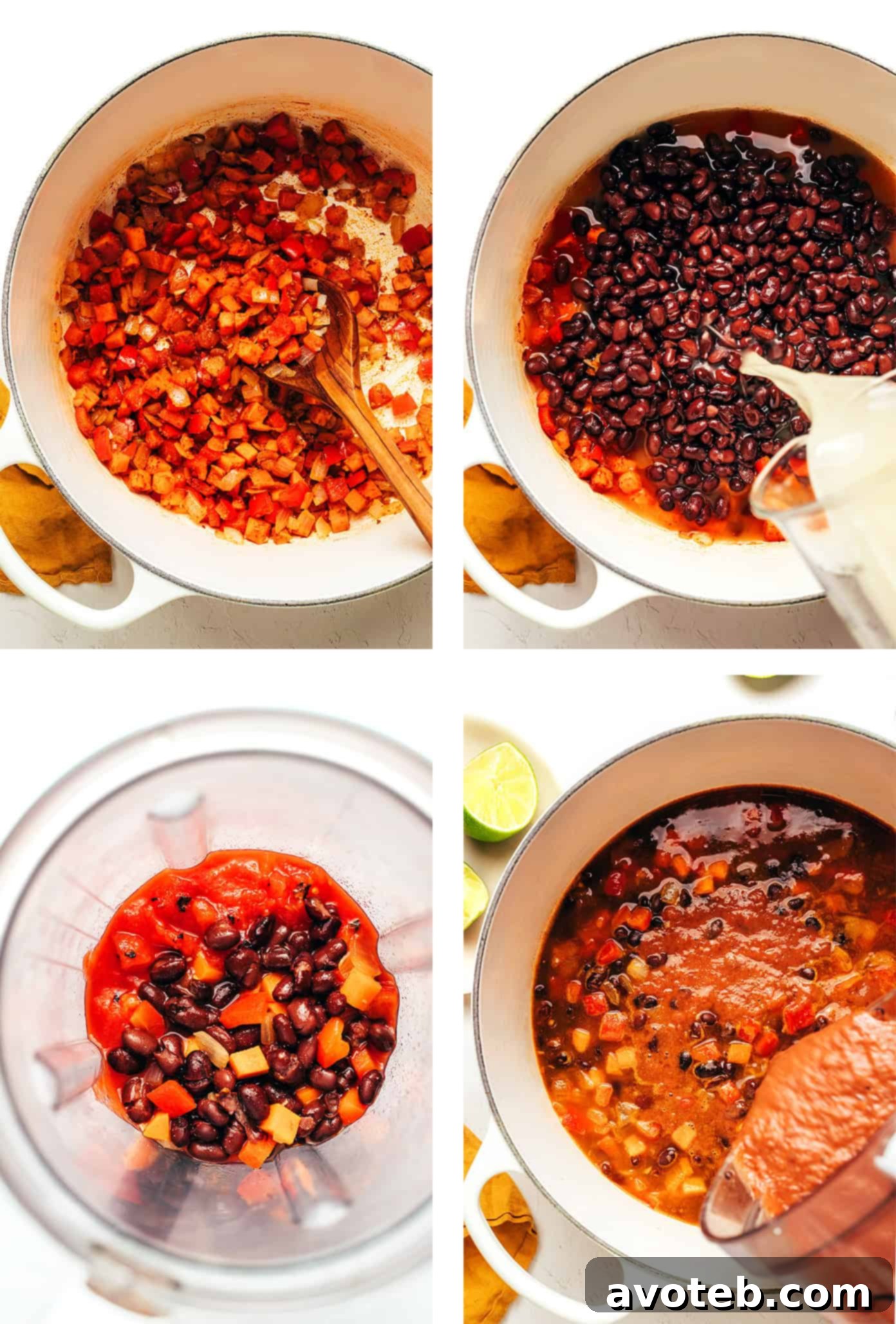 A large pot of black bean soup simmering on the stove