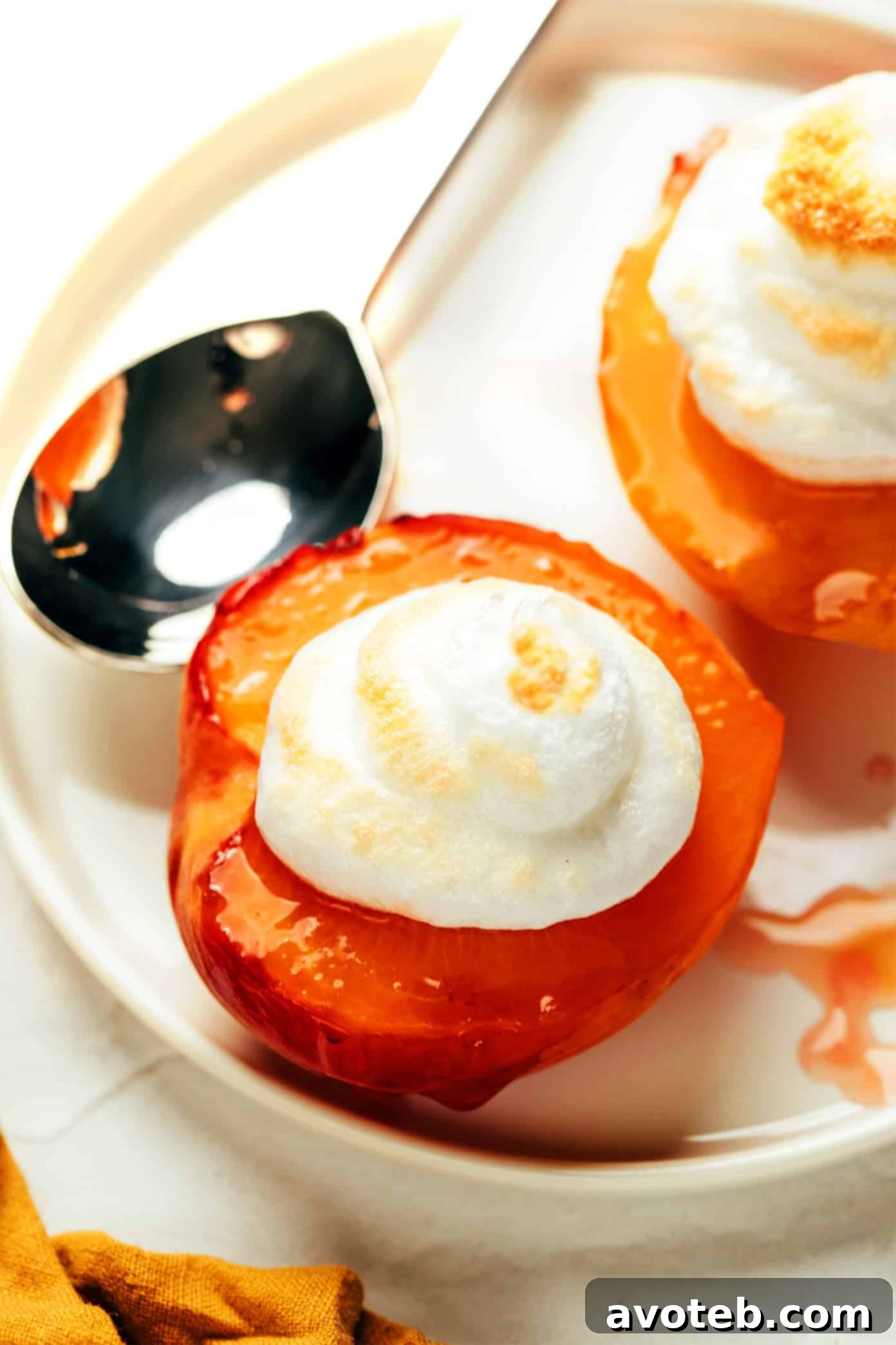 Golden Peach Meringue Clouds 6 Table setting with Peaches and Meringue dessert