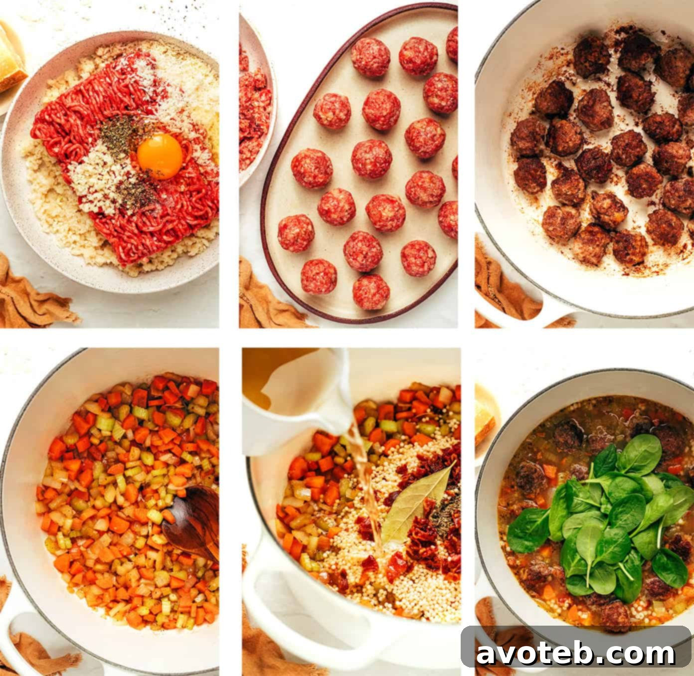 Authentic Italian Wedding Soup 4 A culinary workstation showing ingredients for Italian Wedding Soup, including various spices, raw meat, and fresh vegetables.