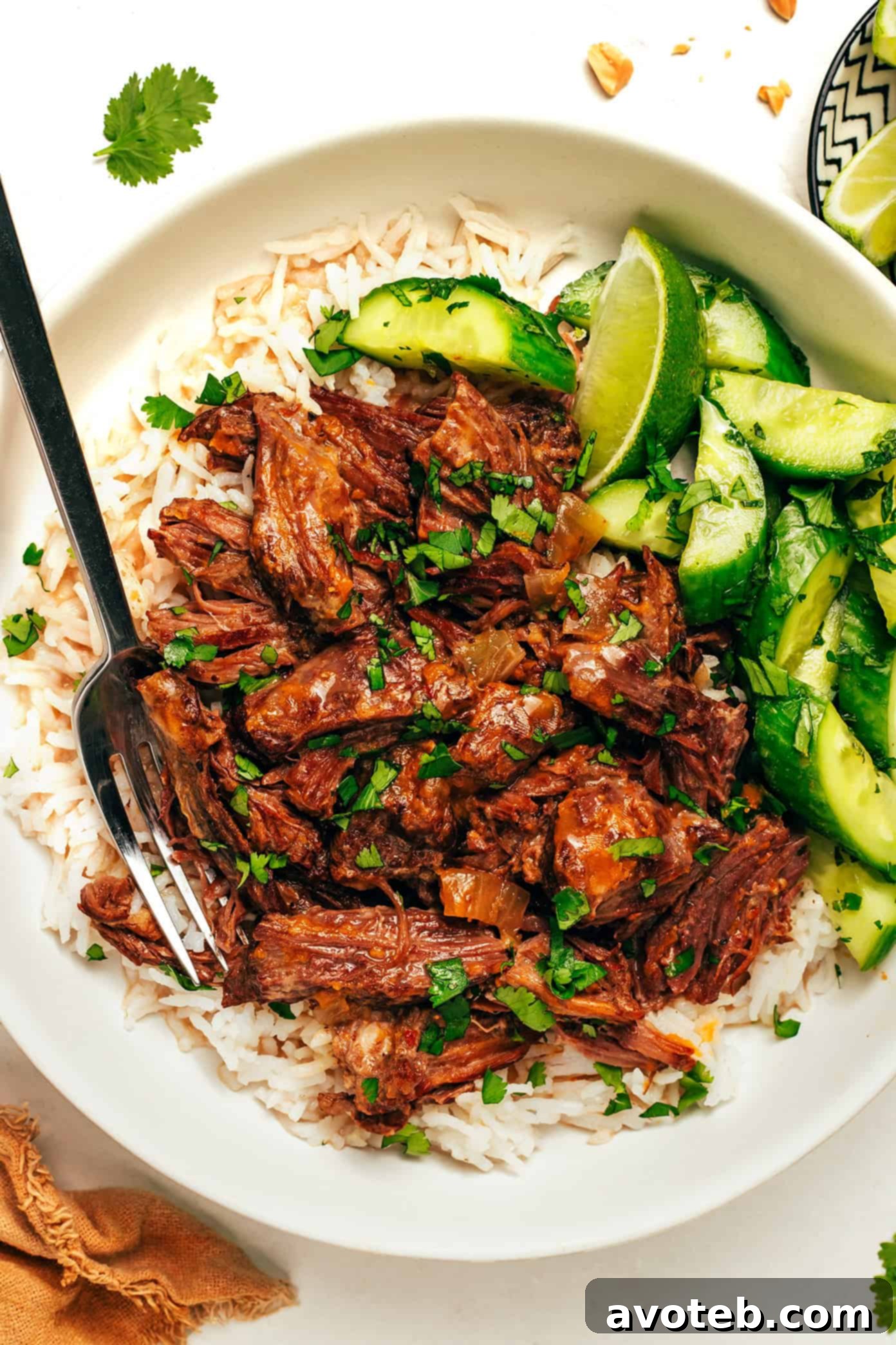 Delicious Coconut Curry Shredded Beef ready to be served over rice.