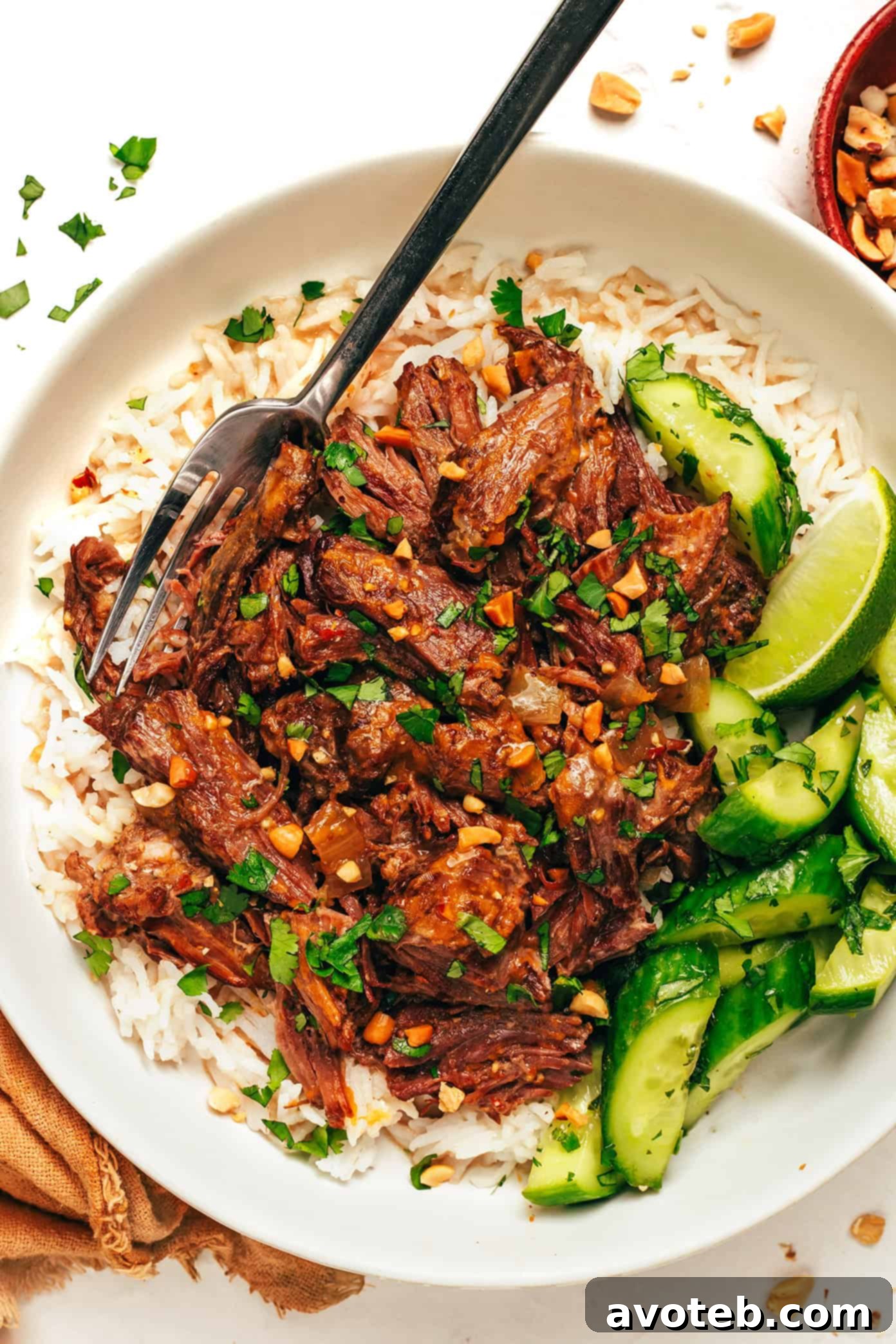 A bowl of Coconut Curry Shredded Beef served with rice, cucumber salad, and garnished with cilantro and peanuts.