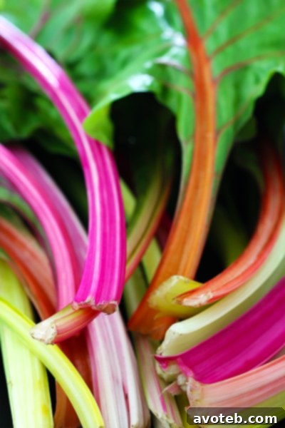 Close-up photograph of vibrant, raw rainbow chard leaves with their distinct colorful stems.
