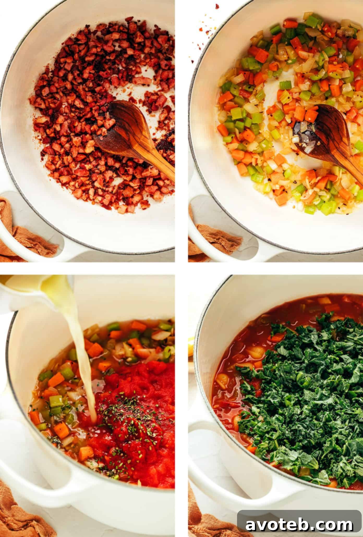 A large serving spoon scooping out a hearty portion of Pasta e Fagioli soup, highlighting its texture and ingredients.