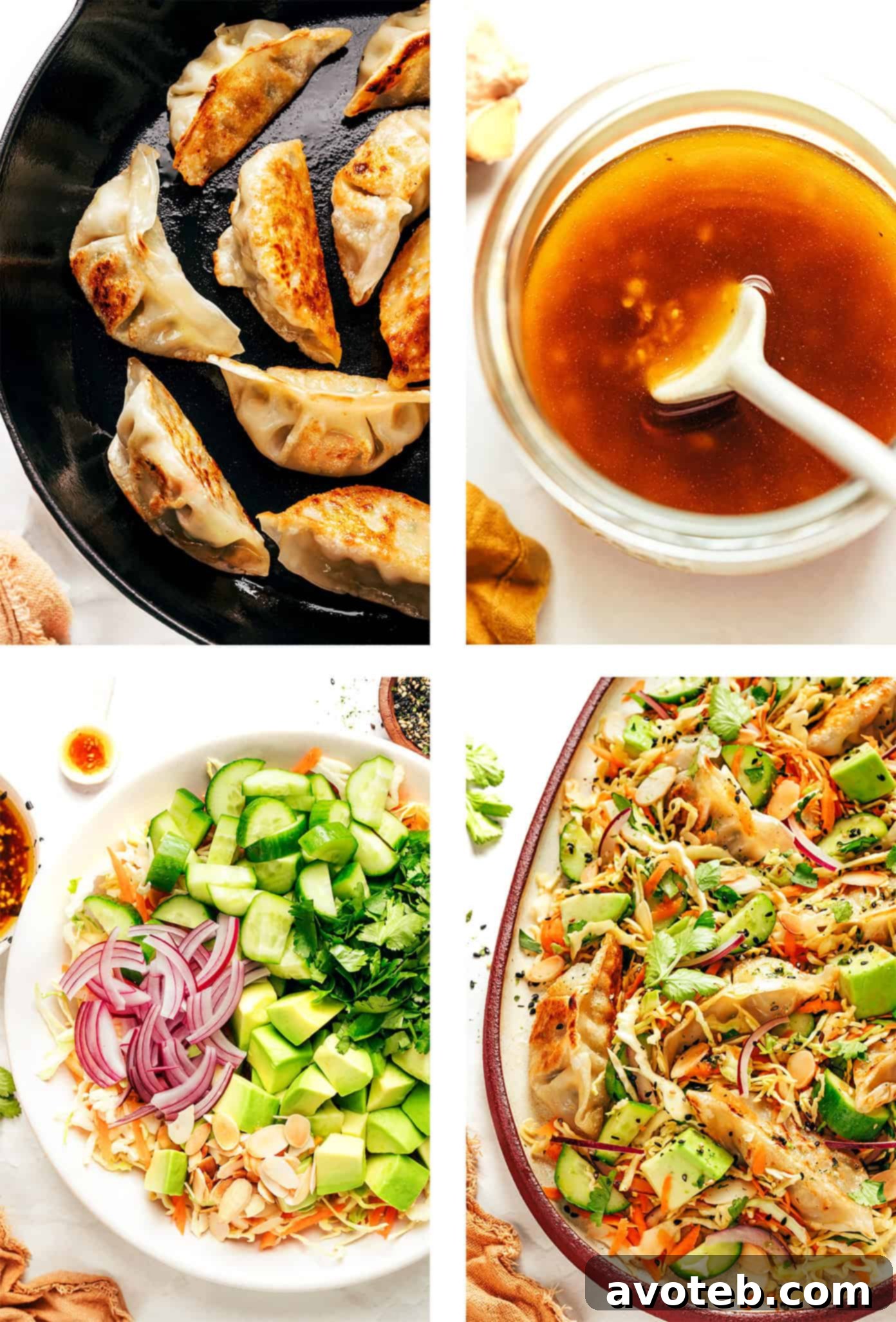A bowl of Potsticker Salad with chopsticks, showing the texture of gyoza and fresh vegetables
