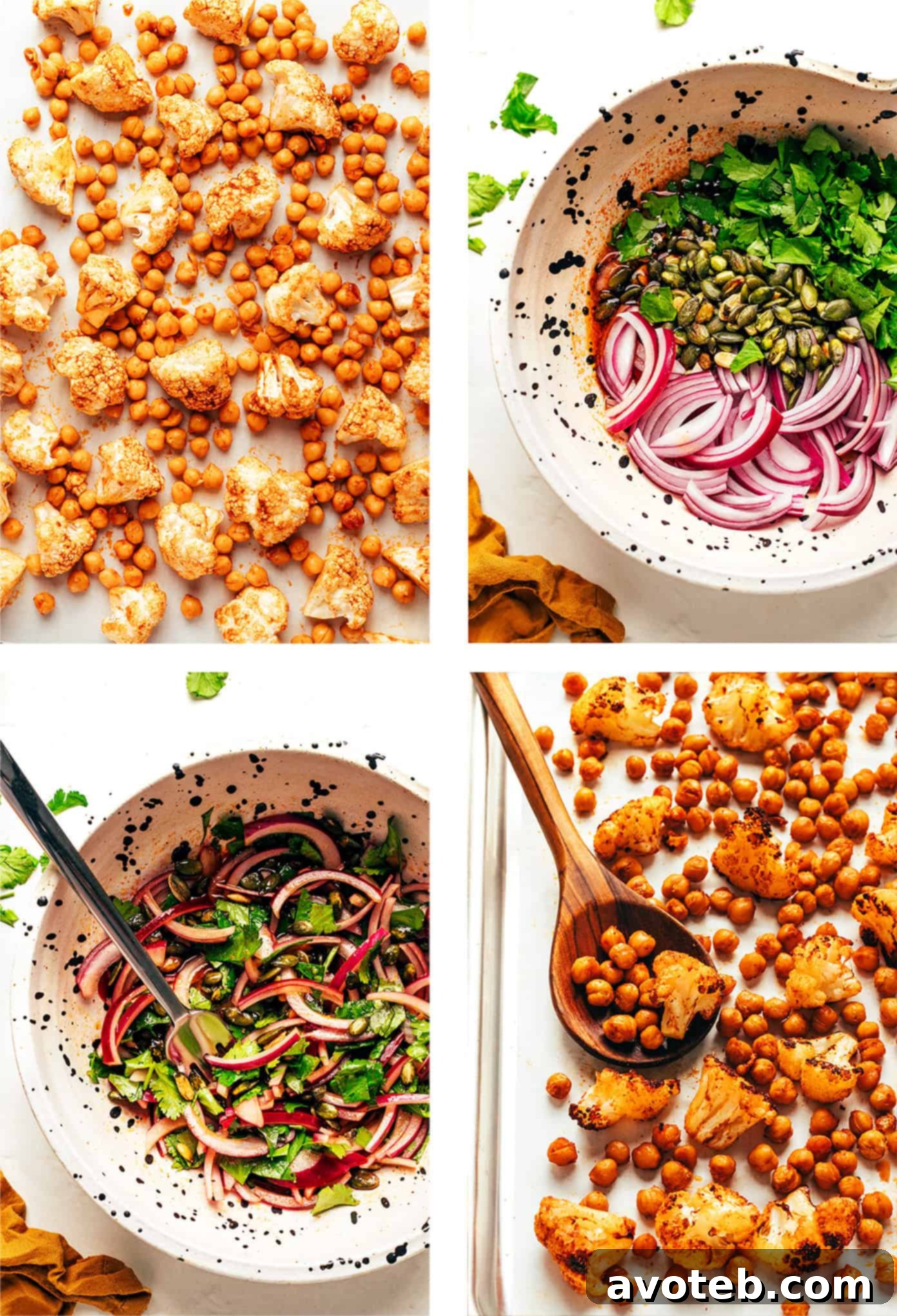 Close-up of ingredients for Chili-Lime Roasted Cauliflower, Chickpea, and Quinoa Bowls