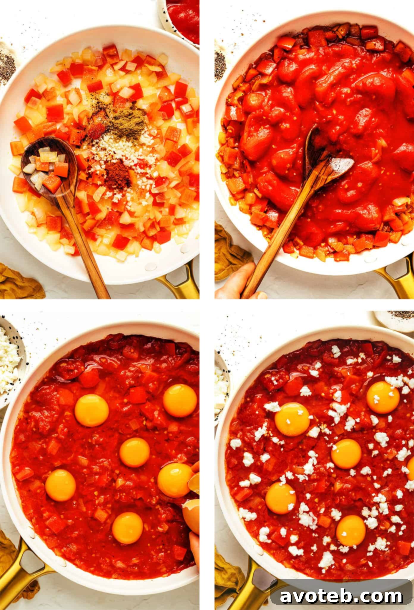 A close-up shot of raw eggs being cracked into wells in the simmering shakshuka sauce, showcasing the preparation process.