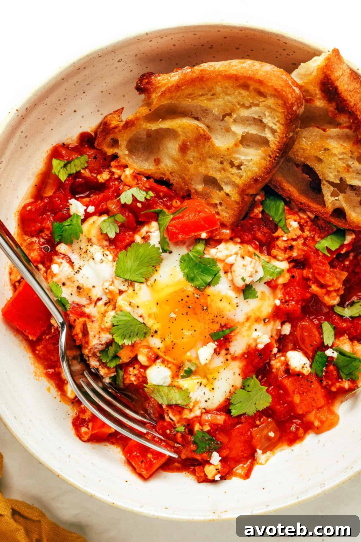 A beautifully presented pan of shakshuka, garnished with an abundance of fresh cilantro and feta cheese, ready for serving.